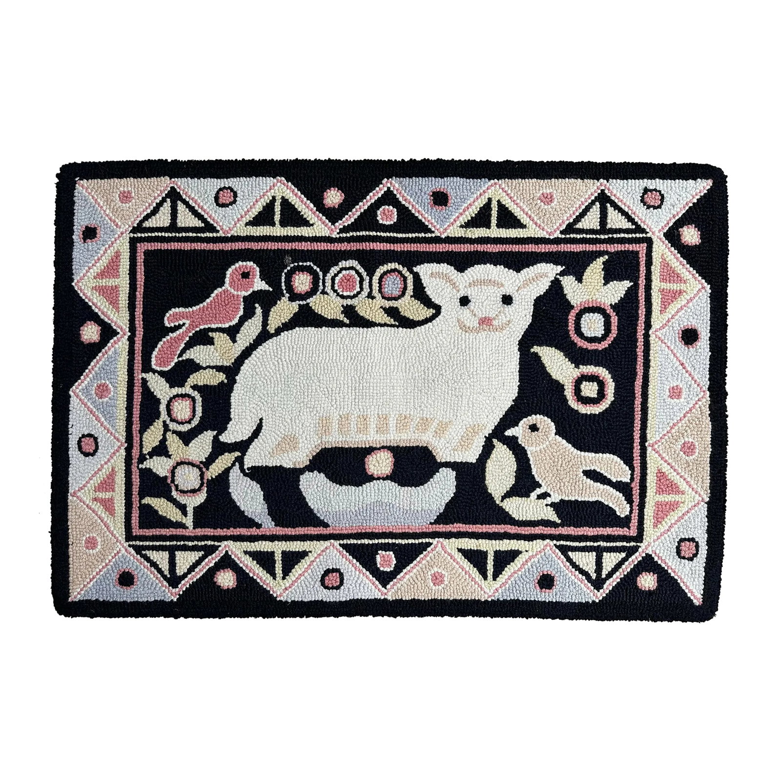 Vintage Hand Hooked Wool Folk Art Rug Lamb With Birds Geometric Border -Pennsylvania (1 of 3)
