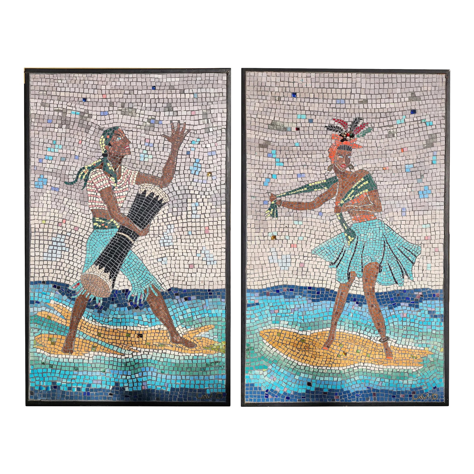 1960s Modernist Caribbean Mosaic Wall Art - Set of 2: A wonderful pair of mosaic wall panels of, glass, metal, ceramic and iridescent tile. The level of detail on the artwork is quite amazing. The imagery of pair has a lovely dialogue you can almost hear