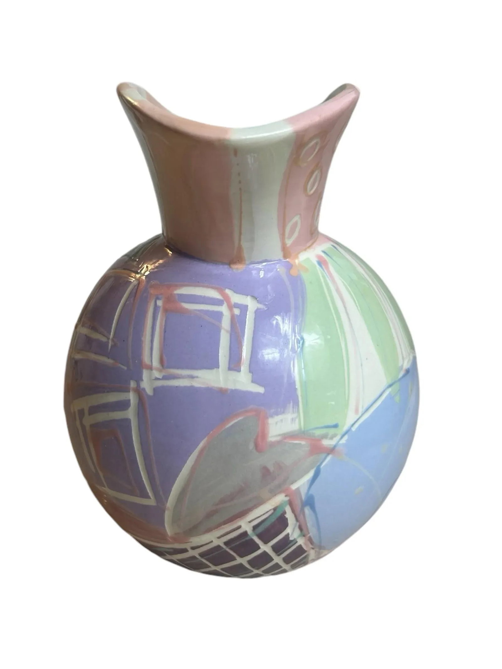 Vintage 1980s Ceramic Pitcher Vase Postmodern Colorful Pastel, Signed - 3