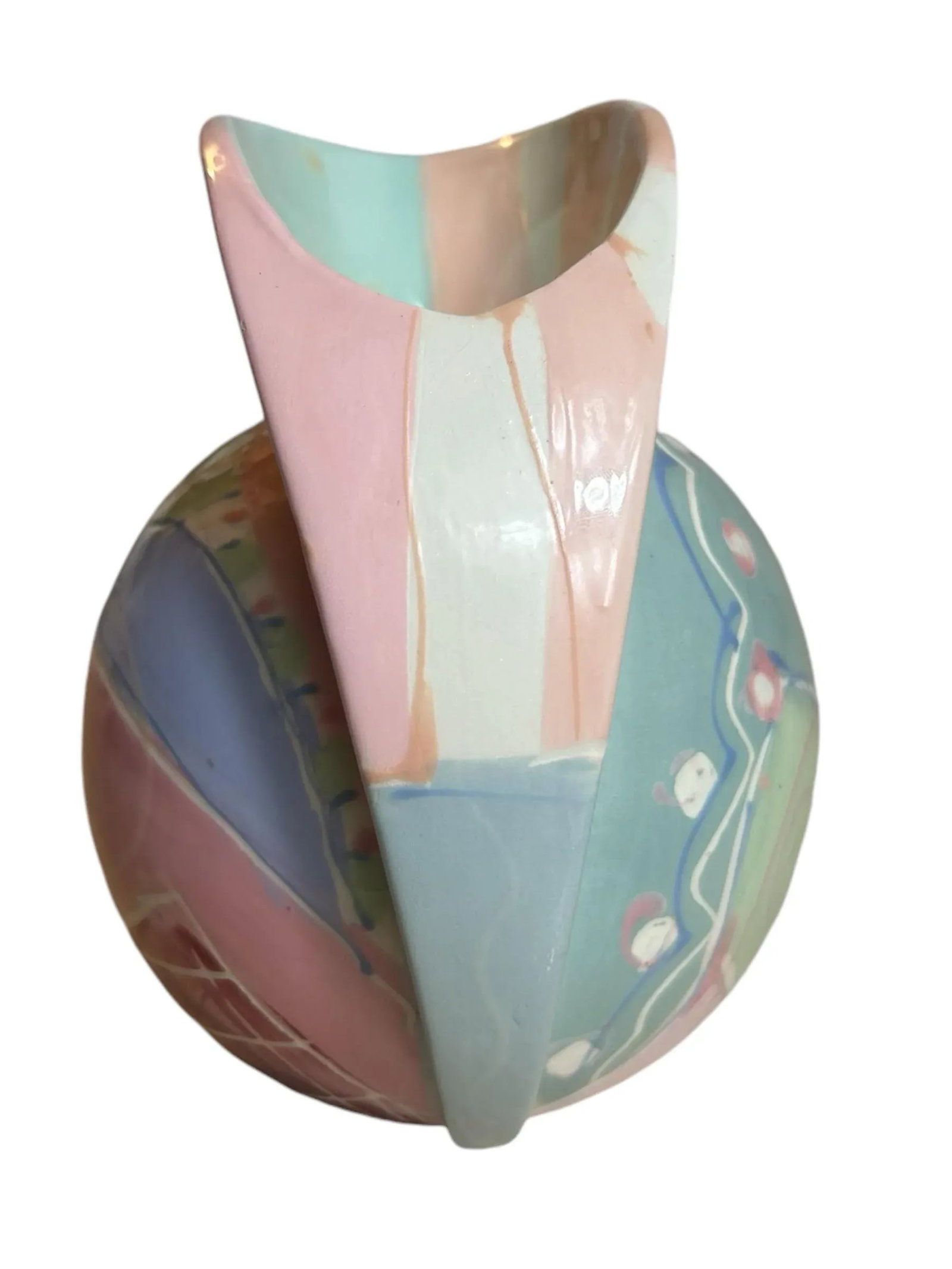 Vintage 1980s Ceramic Pitcher Vase Postmodern Colorful Pastel, Signed - 7