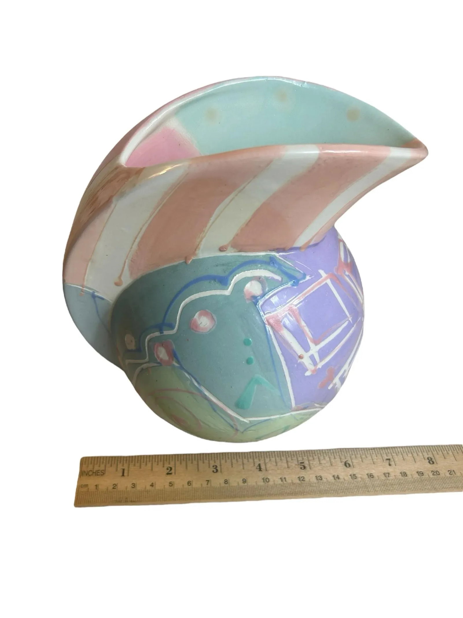 Vintage 1980s Ceramic Pitcher Vase Postmodern Colorful Pastel, Signed - 8