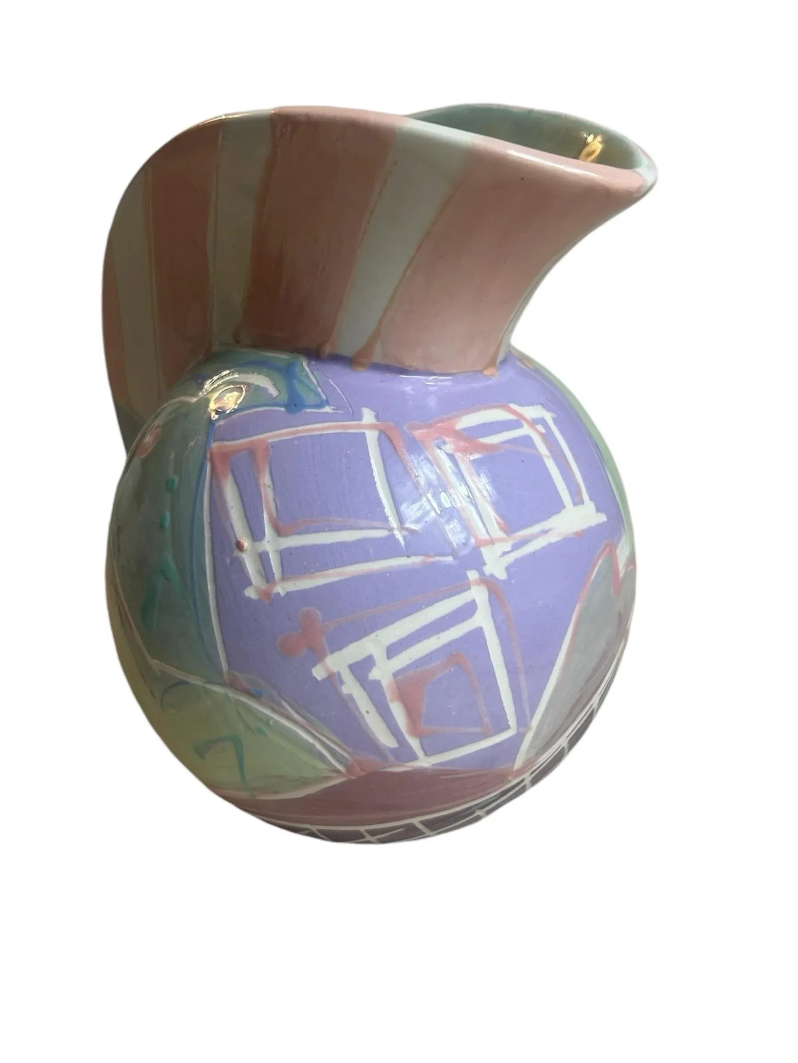 Vintage 1980s Ceramic Pitcher Vase Postmodern Colorful Pastel, Signed - 9