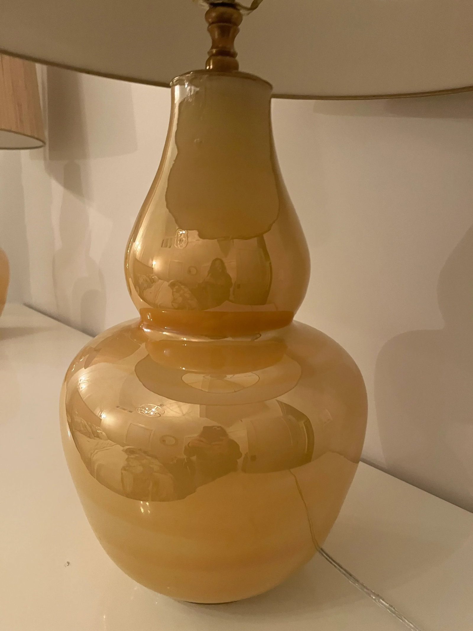 Late 20th Century Golden Ceramic Lamps With Gold Grass Cloth Shades - 11