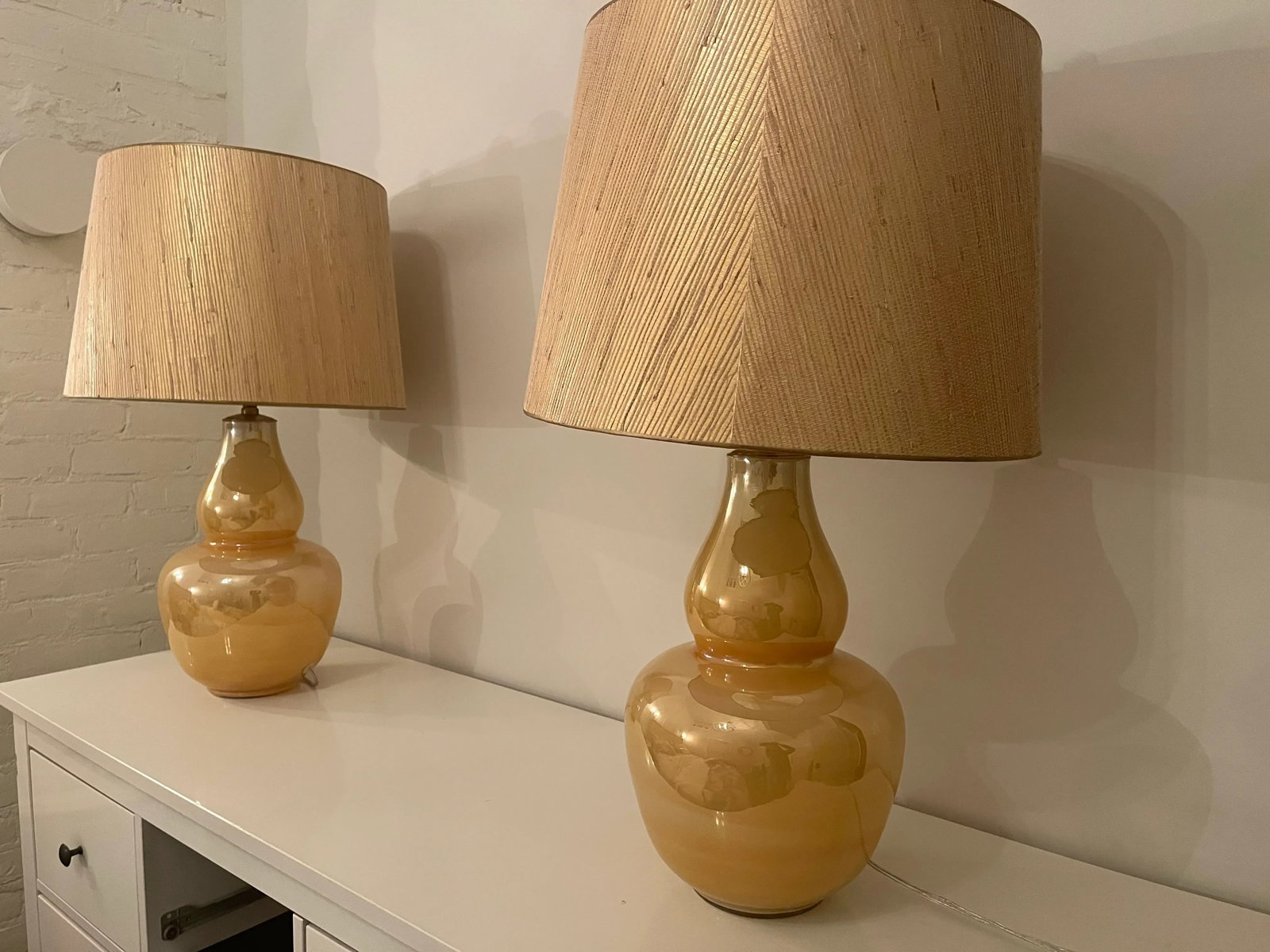 Late 20th Century Golden Ceramic Lamps With Gold Grass Cloth Shades - 12