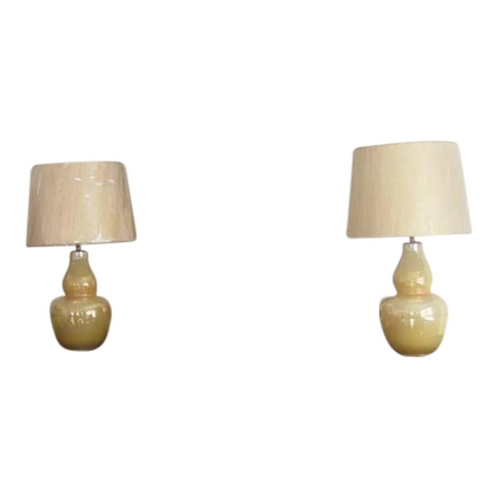 Late 20th Century Golden Ceramic Lamps With Gold Grass Cloth Shades: Beautiful Ceramic Irredescent Gold Lamps - brand new grass cloth shades Retro-vibe high fashion Stunning and unique Condition: Alterations: Original Condition Unaltered Imperfections: Some