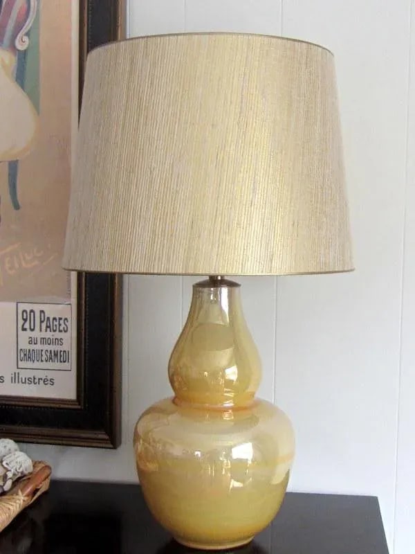 Late 20th Century Golden Ceramic Lamps With Gold Grass Cloth Shades - 2