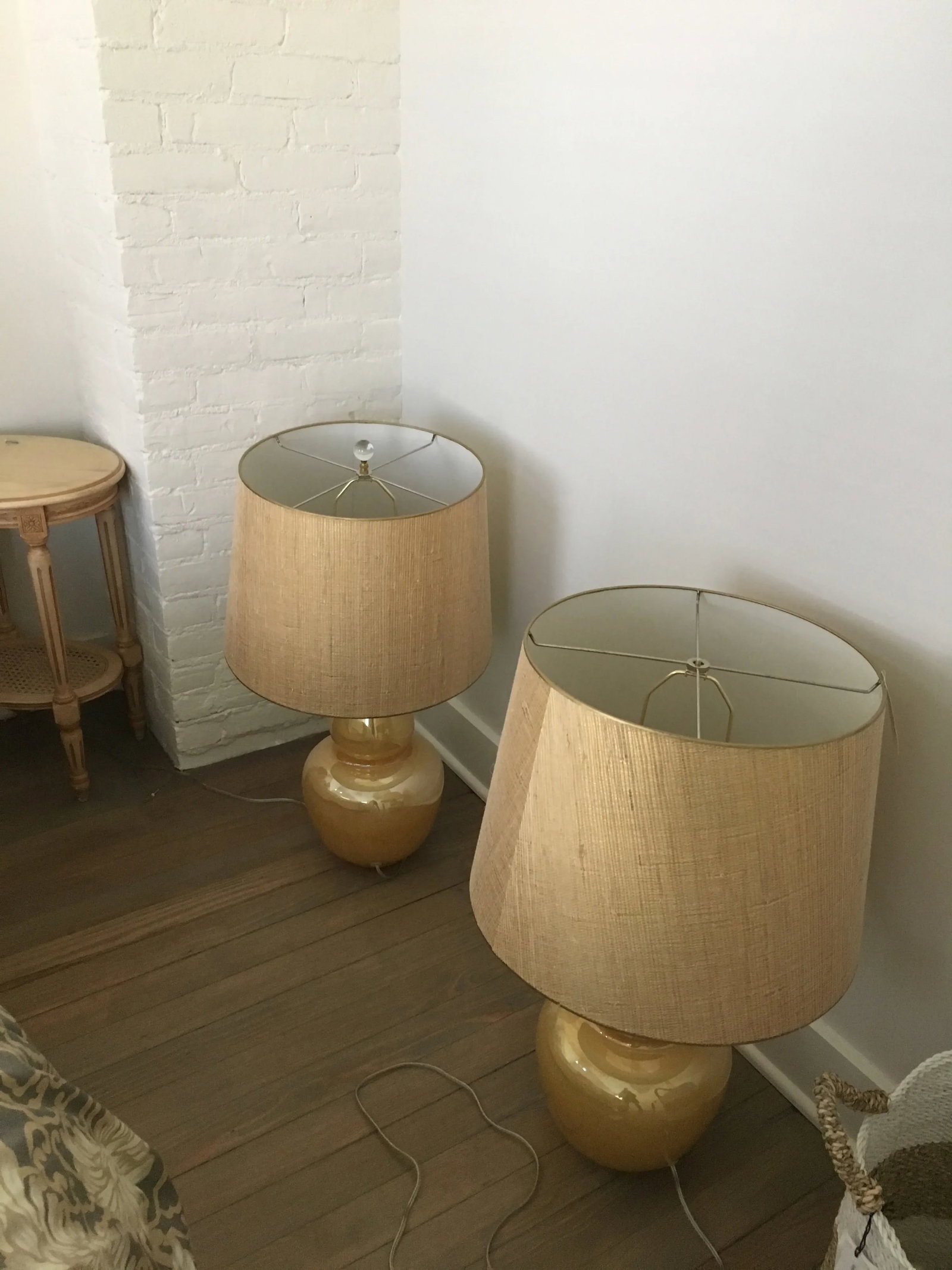 Late 20th Century Golden Ceramic Lamps With Gold Grass Cloth Shades - 3