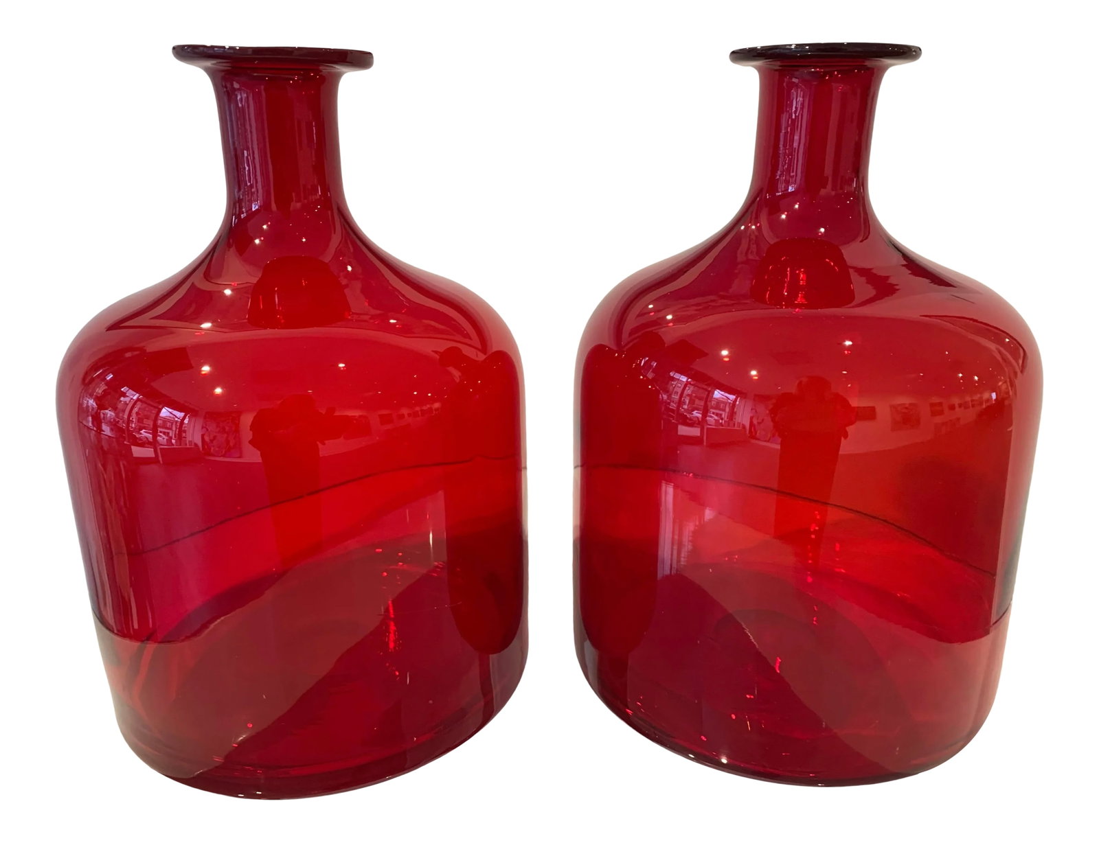 Late 20th Century Red Glass Vases- A Pair: Statement pieces! Very unusual red glass vases/jugs. Deep rich color! Use together or separate. Condition: Alterations: Original Condition Unaltered Imperfections: Some Imperfections Condition Notes: