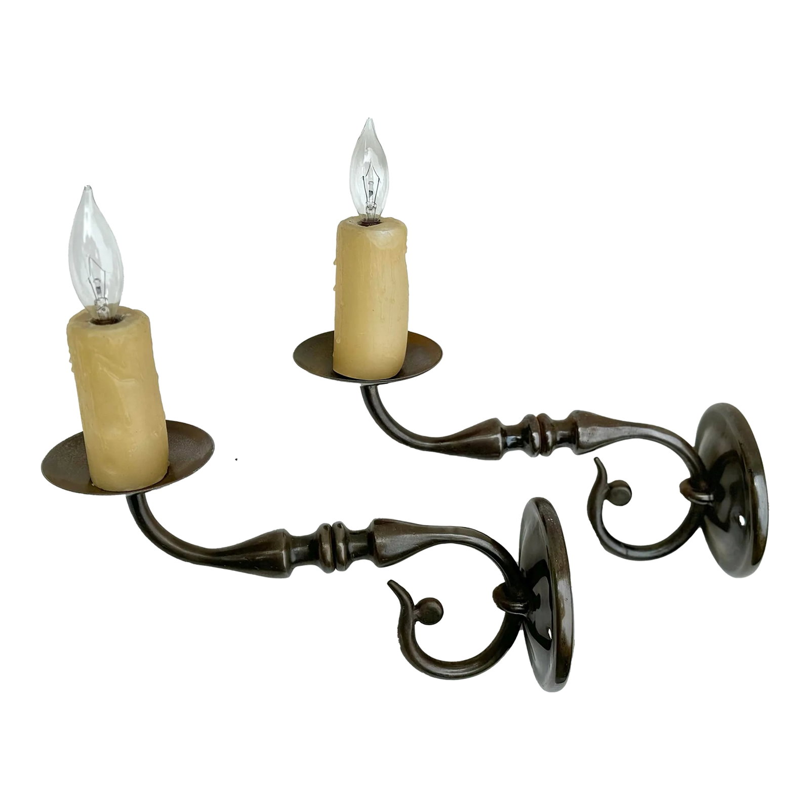 Pair of Vintage Wall Sconces: Very Large Antiqued Brass Wall Sconces, Paul Ferrante: Beautifully made pair of vintage brass wall sconces with natural wax faux-candles, electrified for candelabra bulbs and hard-wired j-box wall installation. Ready to be installed with j box cover and U
