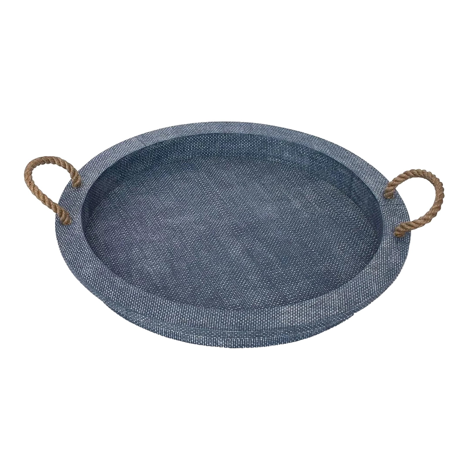 "Aegean" Nautical Grasscloth Covered Serving Tray in Indigo by Regina Andrew: Large scale serving tray in an indigo sealed faux rattan finish with raised edges and jute rope handles and brass reinforcement rivets. This piece has been used only for home staging. Condition: