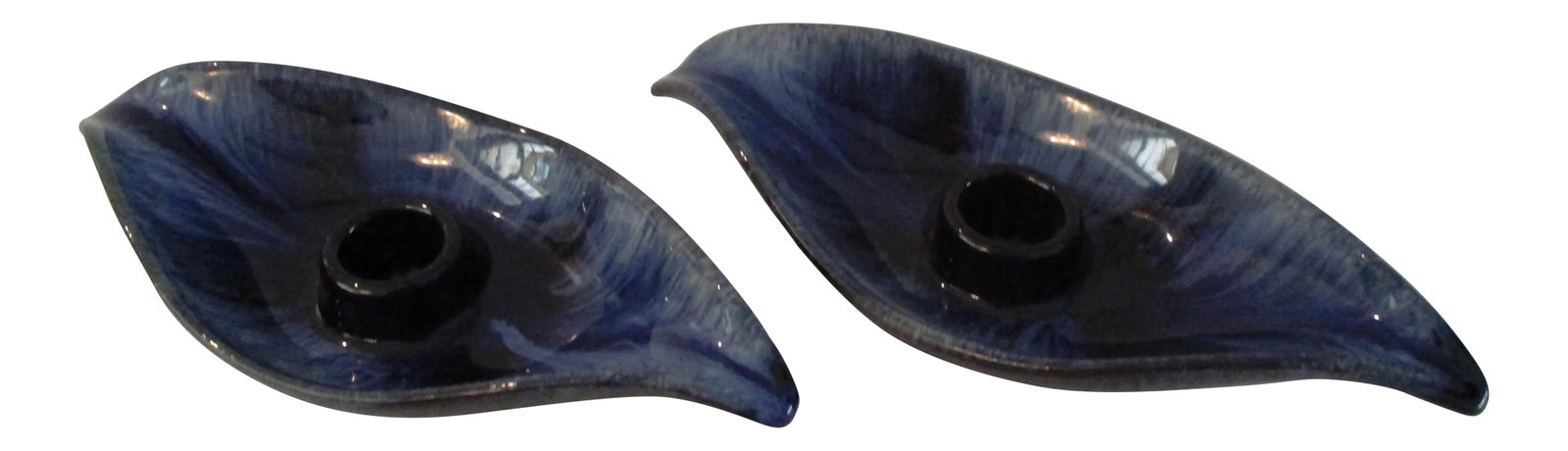Mid-Century Blue Mountain Drip Glaze Pottery Candle Holders - a Pair: Cool pair of mid-century Blue Mountain Pottery Canada candle holders. Leaf design holders in varying shades of light and dark blue drip glaze. Each holds one taper candle. Marked underside "Canada." E