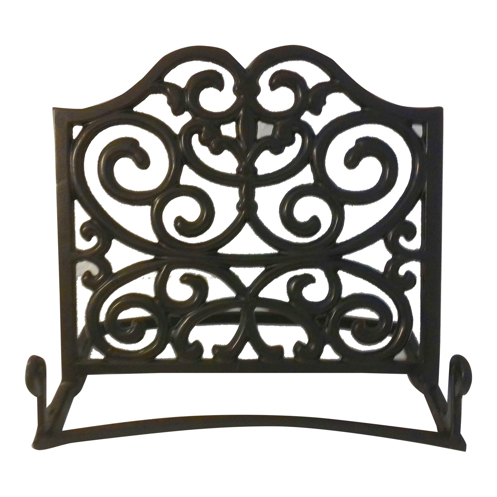 Black Iron Scroll Cookbook Holder/Easel: Lovely Art Nouveau design black iron cookbook holder/easel in a scroll motif. Excellent condition. Condition: Alterations: Original Condition Unaltered Imperfections: Some Imperfections Condition