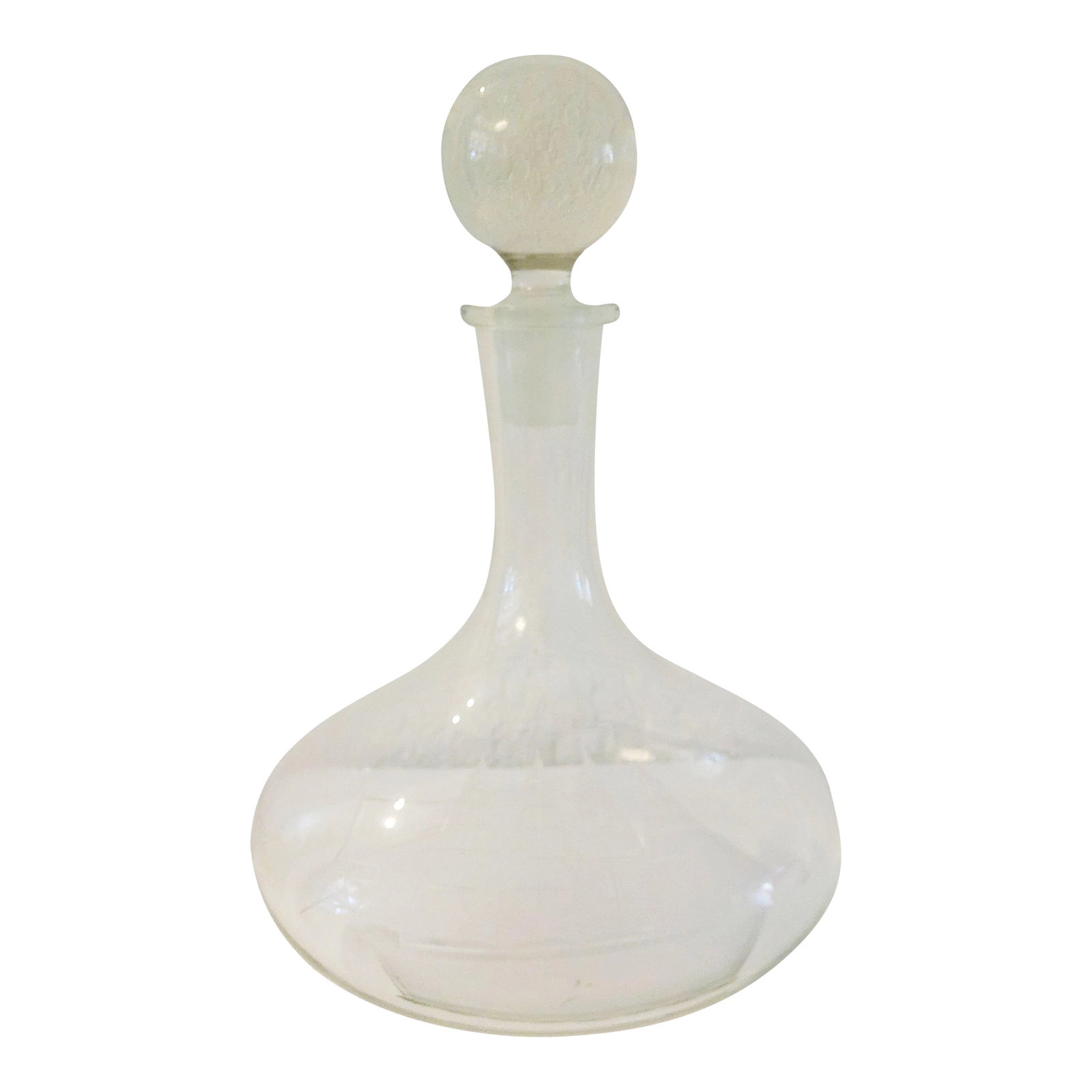 Vintage Etched Crystal Clipper Ship Decanter: Lovely vintage Romanian Toscany crystal decanter featuring an etched tall Clipper ship on face with glass stopper. Condition: Alterations: Original Condition Unaltered Imperfections: Some