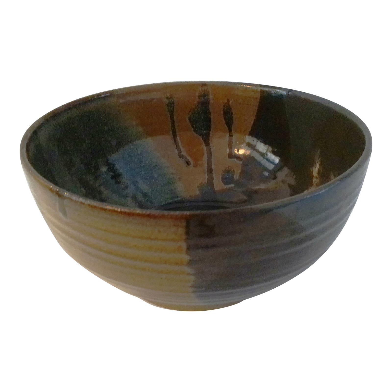 1990s Vintage Artisanal Earth-Tone Abstract Pottery Bowl: Eclectic artisanal glazed pottery bowl featuring an all-over abstract design in earth-tone shades of brown, tan, green and navy blue. Decorative and functional. Condition: Imperfections: Some