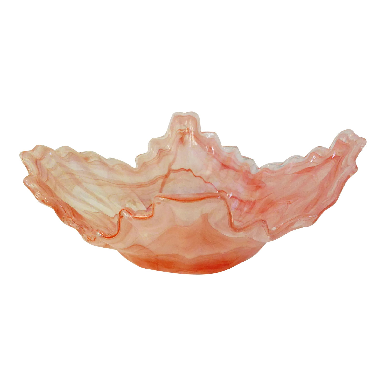 Large Pink Free Form Art Glass Centerpiece Bowl: Gorgeous, large, art glass centerpiece bowl in swirling shades of pink. Excellent condition. Condition: Alterations: Original Condition Unaltered Imperfections: Some Imperfections Condition Notes: min