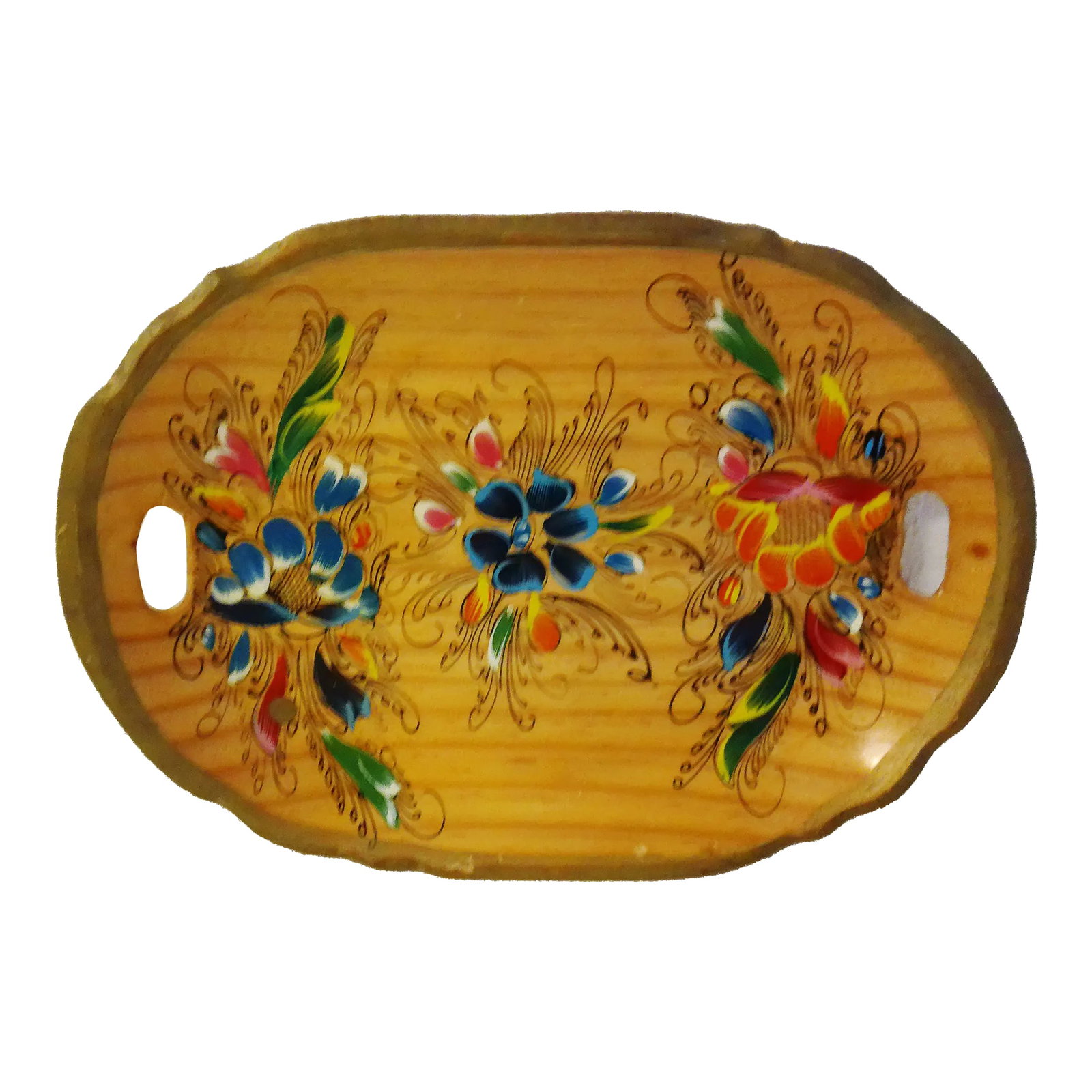 1970s Tole Painted Mexican Batea Wood Bowl: Pretty vintage carved wood Batea folk art, rectangular shaped, shallow bowl hand painted in a vibrant floral motif on face. Double handled. Condition: Alterations: Original Condition Unaltered