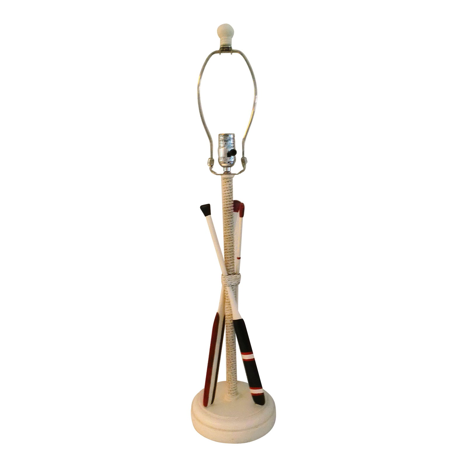 Coastal Boat Oar Table Lamp: Coastal/nautical design all hard resin table lamp in shades of cream, navy and dark red in a figural oar motif. Condition: Alterations: Original Condition Unaltered Imperfections: Some Imperfections