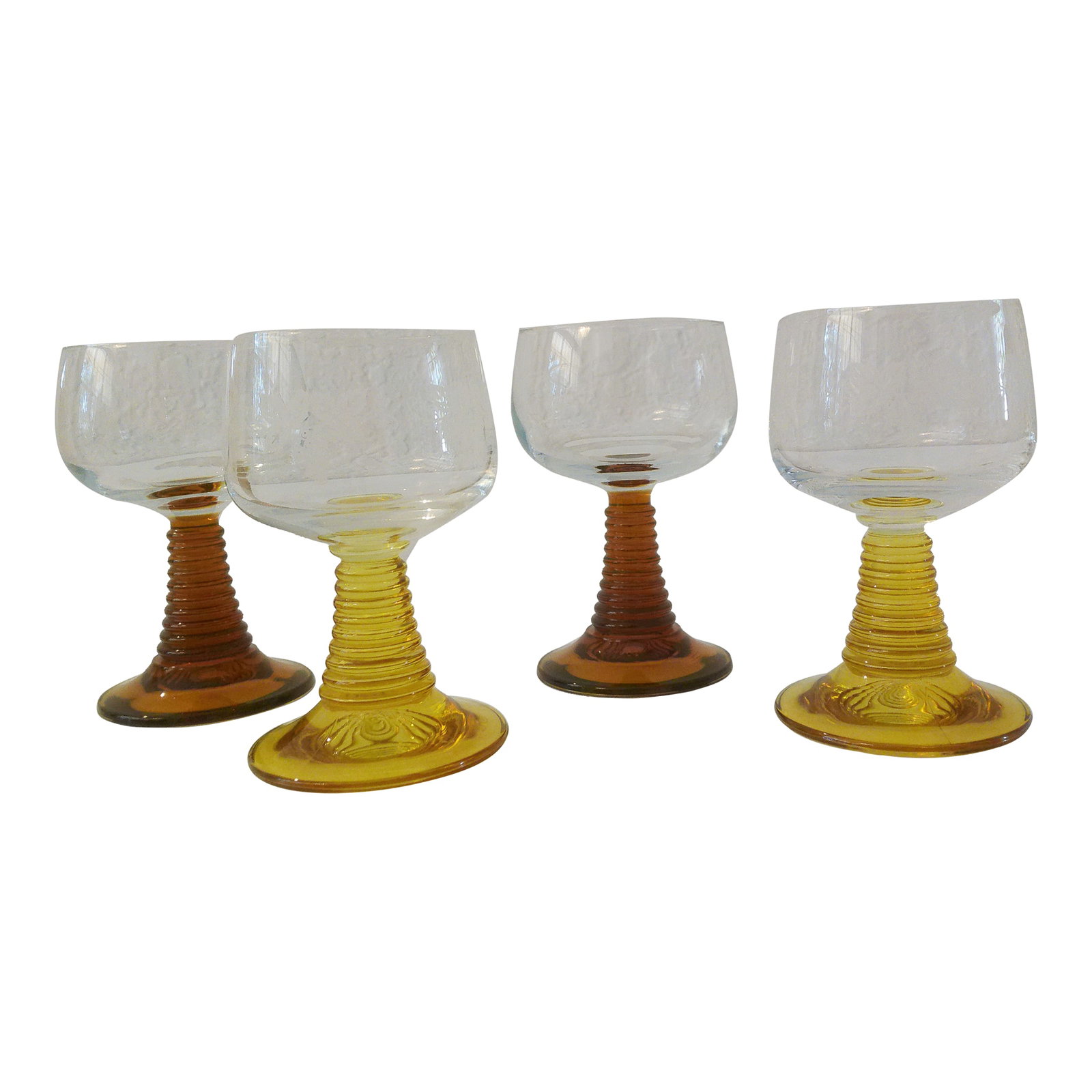 1970s Beehive Roemer Wine Glasses, S/4: Lovely set of four nicely matched Roemer wine glasses with beehive design stems. Two glasses feature light honey shaded stems with clear etched bowls with a grapevine motif around perimeter and two