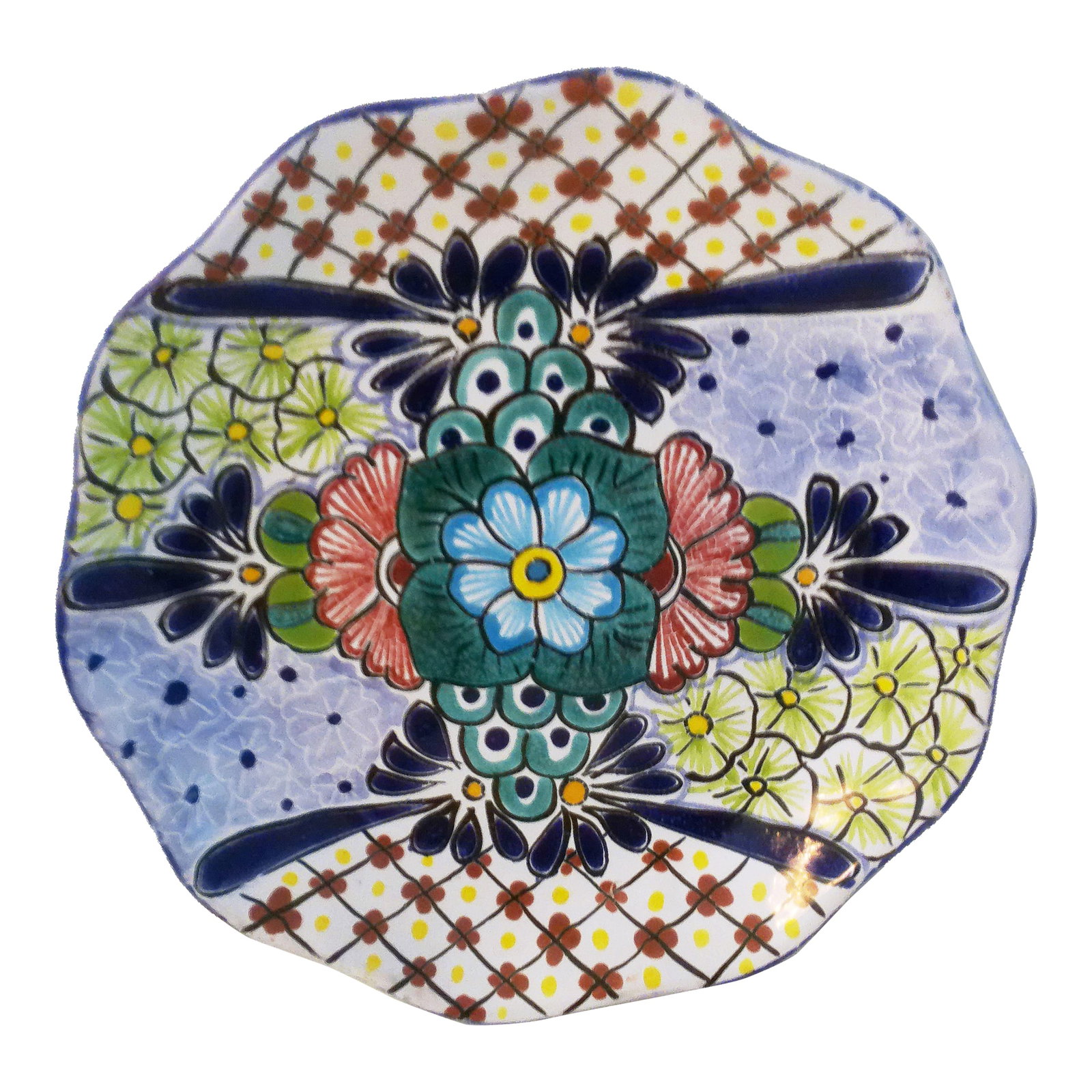 Vintage Mexican Talavera Pottery Hand-Painted Hanging Charger: Vibrant vintage Mexican Talavera pottery plate featuring a colorful hand-painted floral design on face. Hole on back should desire to display hanging. Decorative and functional. Condition: Alterations