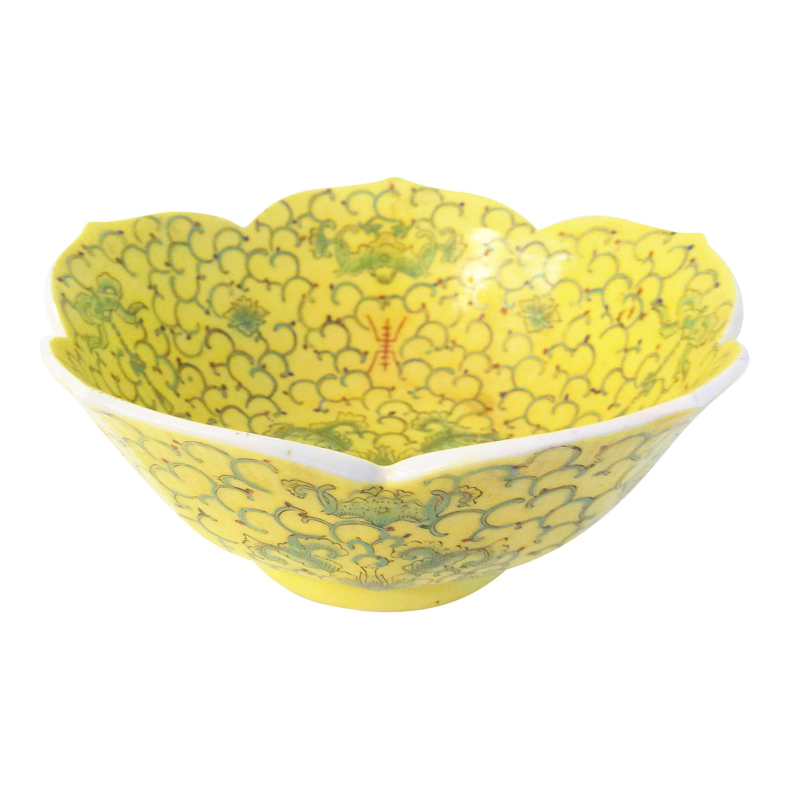 Vintage Chinoiserie Yellow Lotus Decorative Ceramic Bowl: Pretty vintage Chinese yellow bowl in a Lotus flower design, featuring a green botanical motif on interior and exterior. Marked underside "Hong Kong." Condition: Alterations: Original Condition