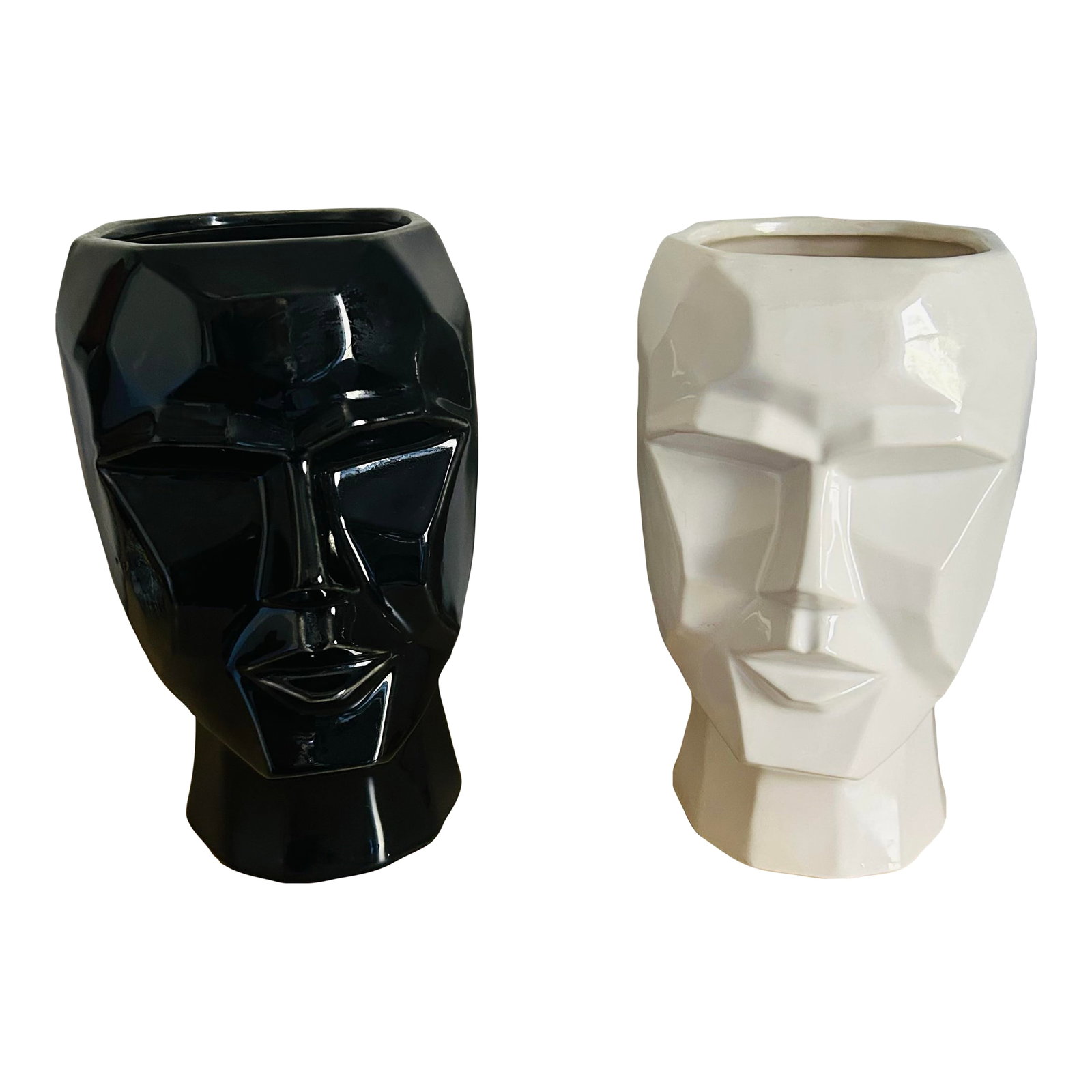 Mid Century Modern Pair of Figural Abstract Human Head Planters Black & White: Pair of mid century modern abstract figural human head ceramic planters black and white. Great looking and great quality. Condition: Alterations: Original Condition Unaltered Imperfections: Some Imper