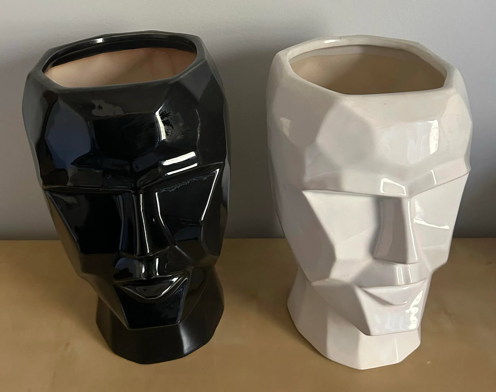 Mid Century Modern Pair of Figural Abstract Human Head Planters Black & White - 2