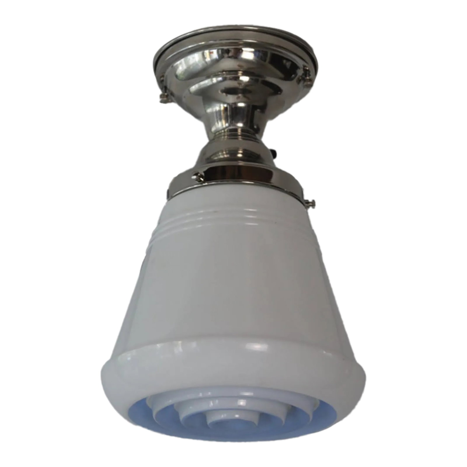 Early 20th Century Chrome and Embossed Glass: Beautiful Bauhaus Original. embossed glass robins egg blue on milk glass. With Chrome fittings. Emits a pleasing filtered bright light for tasks. Excellent for kitchen, bathroom or hallway. 7 inch in