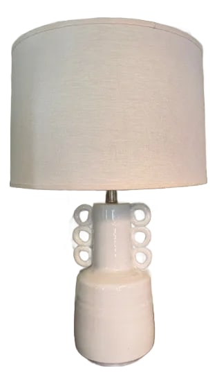 Jamie Young Circus Lamp: Jamie Young 'Circus' lamp with white linen drum shade. Base is white ceramic with a nice felt bottom to prevent furniture scratching. Original taupe Jamie Young shade was replaced with this white