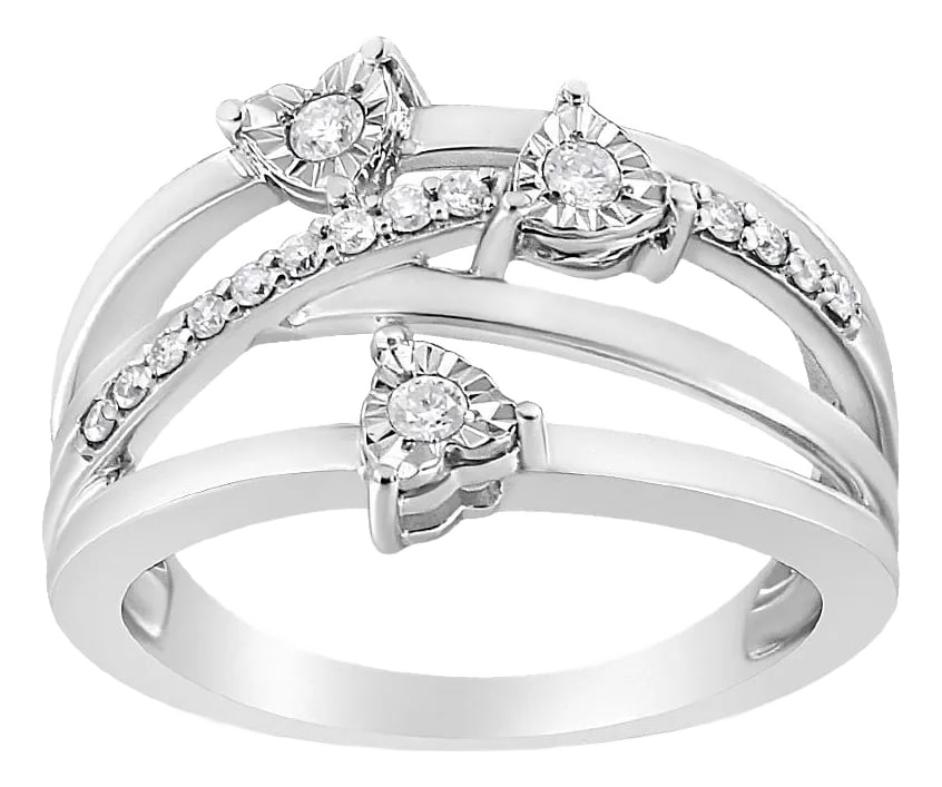 .925 Sterling Silver 1/5 Cttw Miracle-Set Diamond Heart Cross-Over Bypass Ring (I-J Color, I2-I3 Cla: This gorgeous cocktail ring is created with a unique crossover design that boasts beautiful diamonds and stunning .925 sterling silver. Three round-cut diamonds sparkle in an elegant miracle setting,