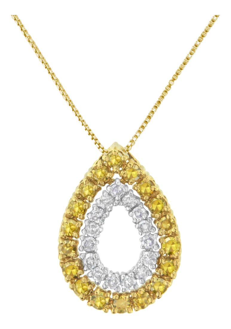 Yellow Gold Plated Sterling Silver Treated Yellow Diamond Pear Shape Pendant Necklace (1/2 cttw, Yel: Delicate and lovely, this 14k yellow gold plated sterling silver necklace is perfect for any occasion. A hollow pear shape pendant studded with 1/2ct TDW of round cut diamonds hangs from a rope