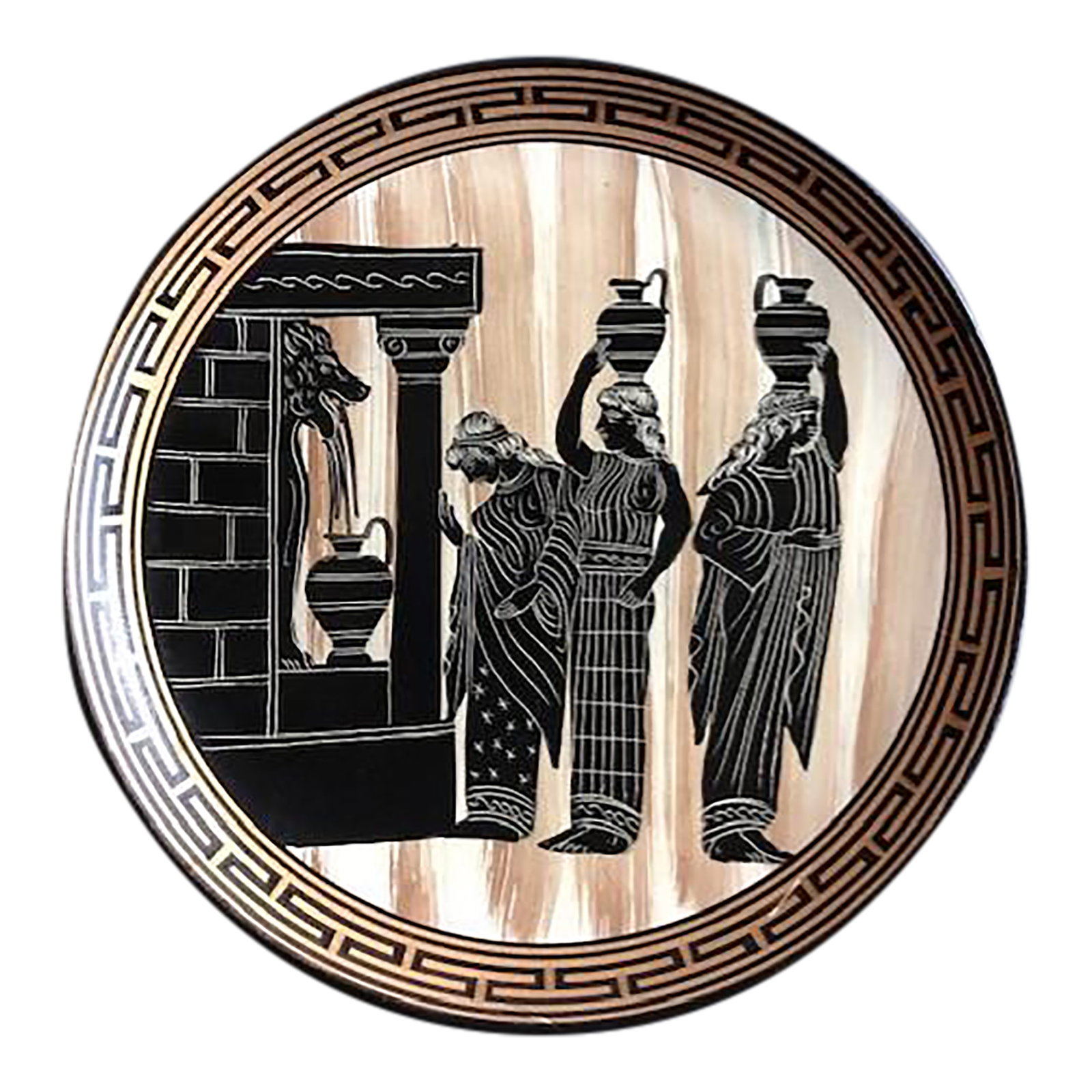 Vintage Mid-Century Greek Handpainted Decorative Plate: Beautiful decorative plate from Greece, circa mid-20th century, depicting scene of waterbearers gathering water from a Lion fountain. Handpainted, made of terracotta ceramic. Signed on reverse.