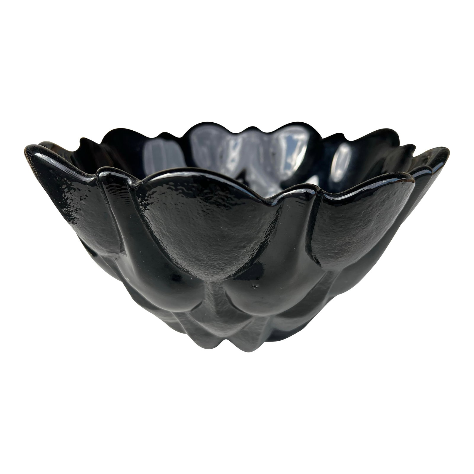 Vintage Heavy Black Opaque Milk Glass Bowl With Scalloped Flower Shape: This beautiful black glass bowl by Tiara/Indiana Glass is a stunning piece of early 20th century art glass. Opaque black glass, sometimes referred to as black milk glass with a scalloped tulip flower