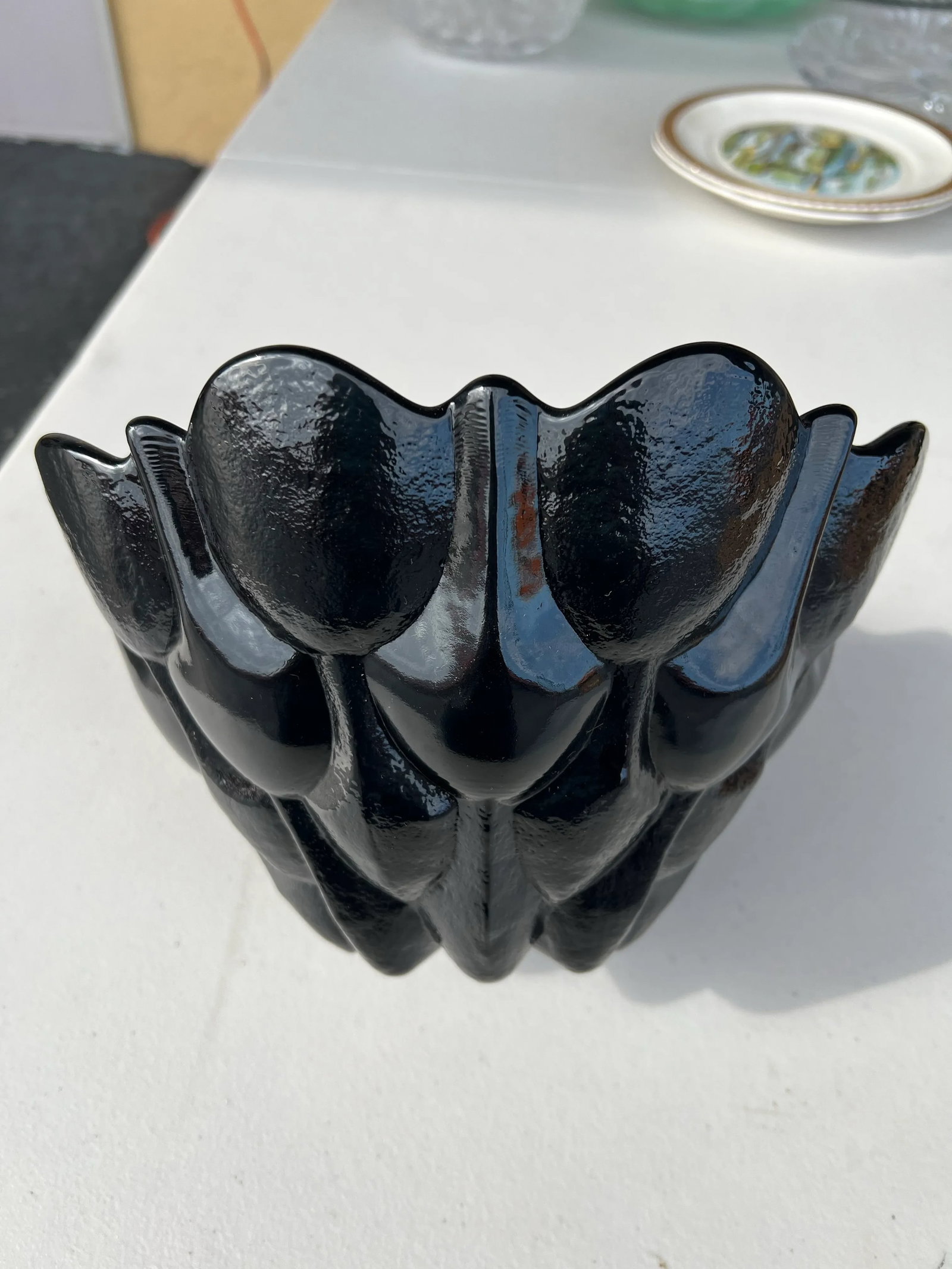 Vintage Heavy Black Opaque Milk Glass Bowl With Scalloped Flower Shape - 2