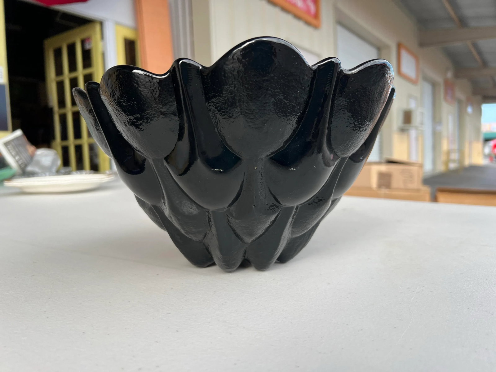 Vintage Heavy Black Opaque Milk Glass Bowl With Scalloped Flower Shape - 3