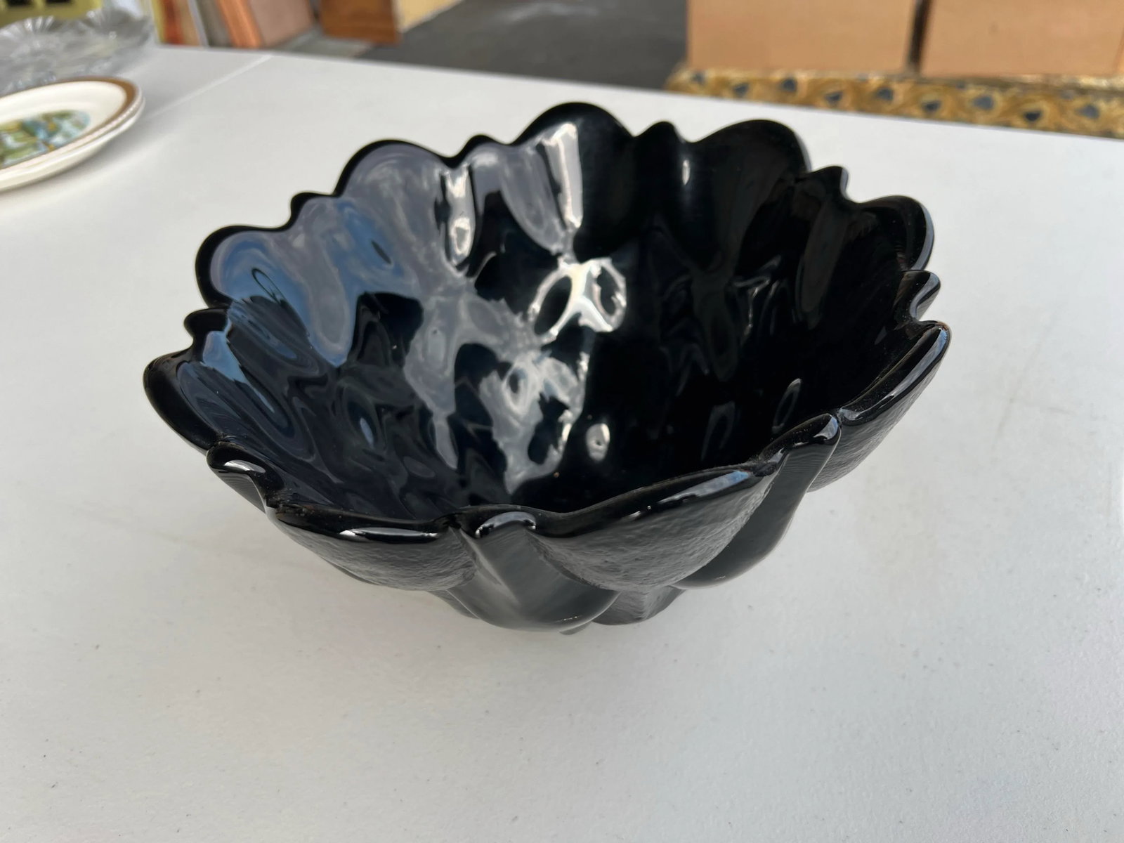 Vintage Heavy Black Opaque Milk Glass Bowl With Scalloped Flower Shape - 4