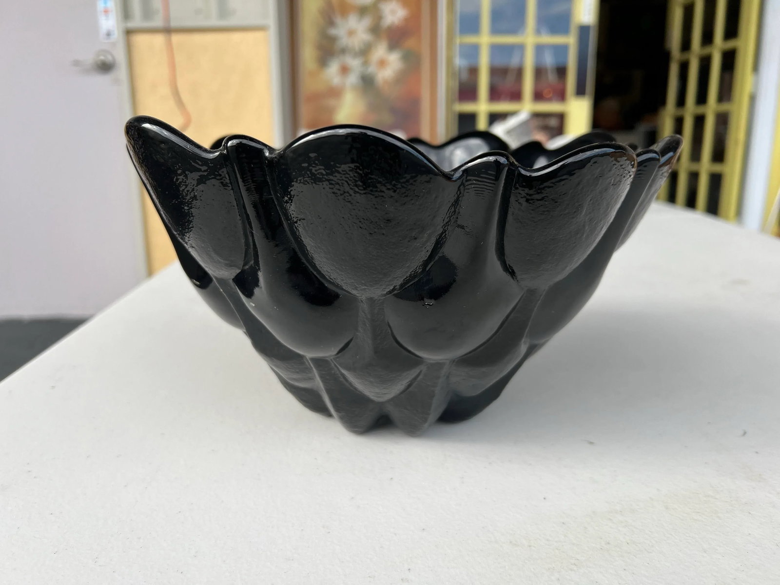 Vintage Heavy Black Opaque Milk Glass Bowl With Scalloped Flower Shape - 5