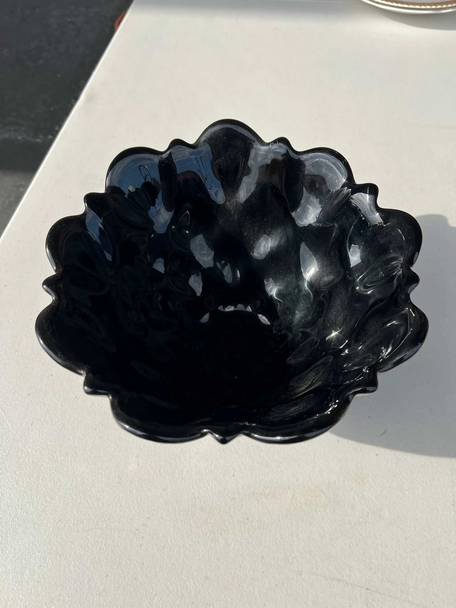 Vintage Heavy Black Opaque Milk Glass Bowl With Scalloped Flower Shape - 7