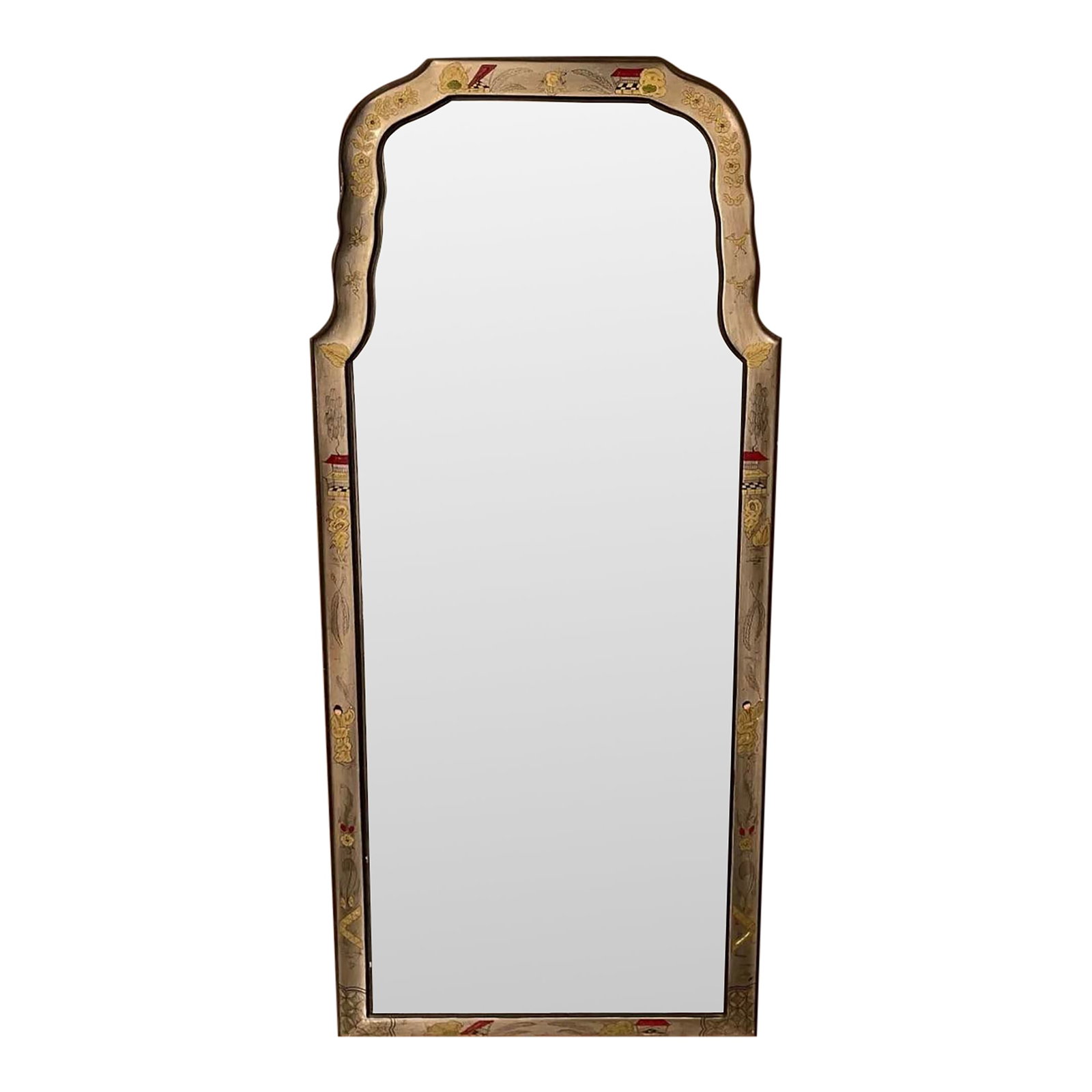 Queen Anne Chinoiserie Mirror With Etched Floral Panel: Fabulous silver gilt chinoiserie decorated Queen Anne style mirror, shaped frame, glass in two parts, beveled, upper mirror with reverse cut and etched floral basket motif. Would be a nice scale over 