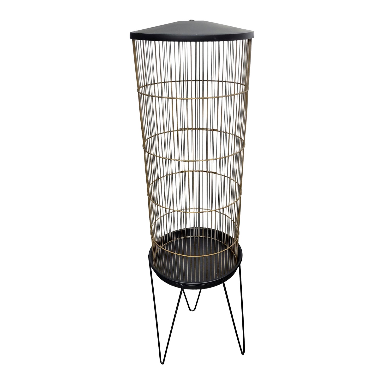 Vintage Black Atomic Cylinder Bird Cage Floor Stand on Hairpin Legs: Mid century Modern Hendryx Style cylinder bird cage stand hairpin legs black atomic Black and Gold Wear and stains, overall in good condition. The black base and lid are in good condition with some