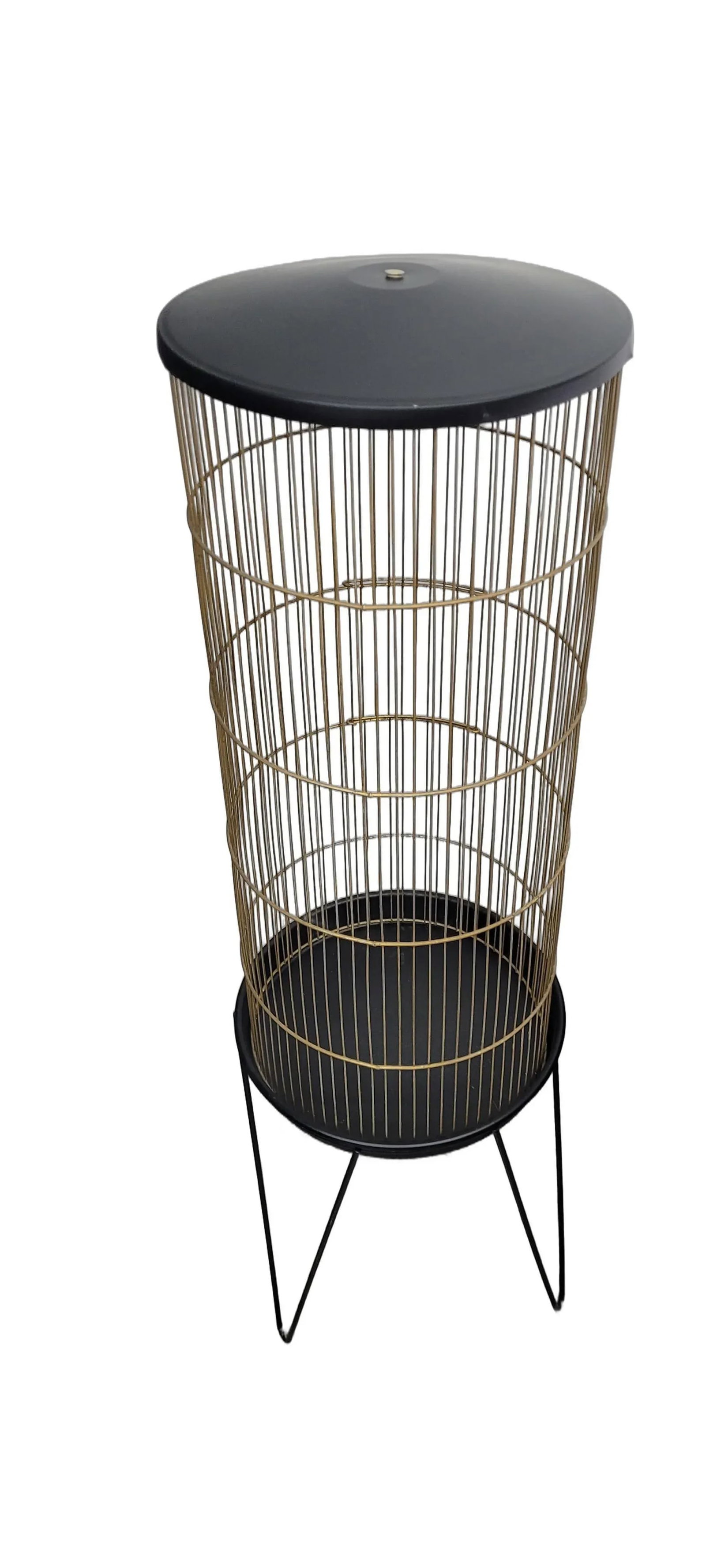 Vintage Black Atomic Cylinder Bird Cage Floor Stand on Hairpin Legs - 2