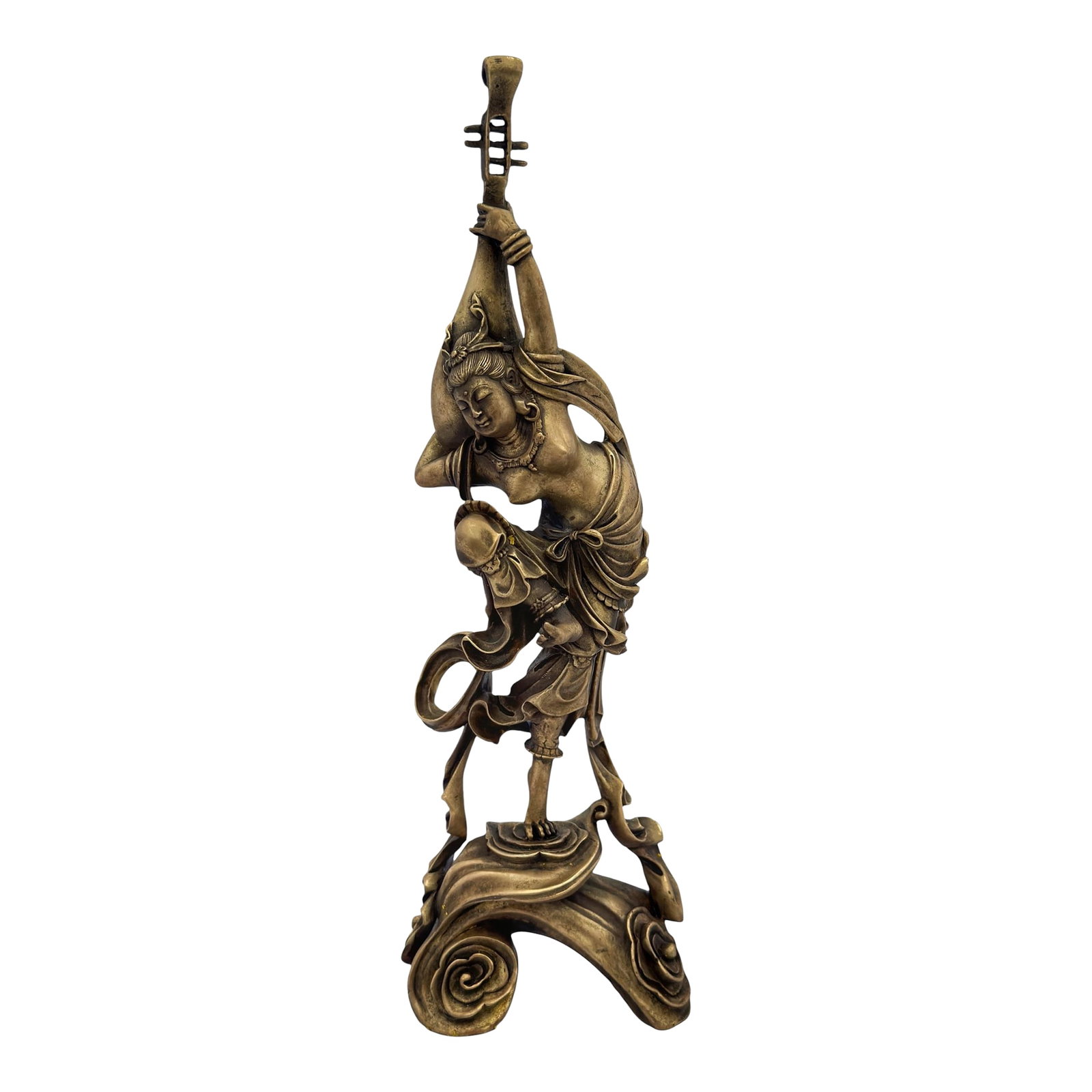 Bronze Dancer With Pipa 4 String Lute Tibet Nepal, Circa 1900: A beautiful brass statue of a celestial musician, possibly inspired by Buddhist or Hindu mythology. The figure appears to be a graceful deity or apsara, dressed in flowing robes and adorned with