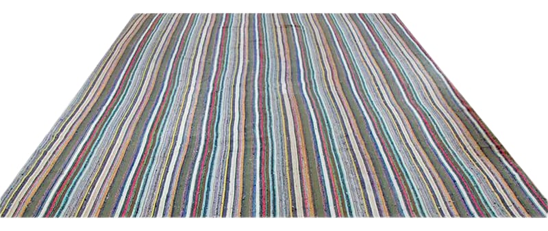 1980s Vintage Handwoven Scandinavian Style Kilim Area Rug - 8'6'' * 12'3'': This beautiful Scandinavian Style Kilim area rug features a delightful striped tribal design. Currently a popular modern design trend, these area rugs bring an exciting visual element to any room.