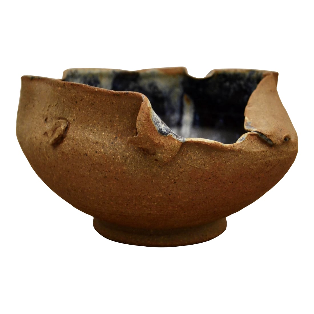 Mid Century Art Studio Pottery Bowl: Mid century brutalist art studio pottery bowl with rustic clay exterior finish and beautiful blue glazed interior. 8 1/2" x 4 1/2" Condition: Alterations: Original Condition Unaltered Imperfections:
