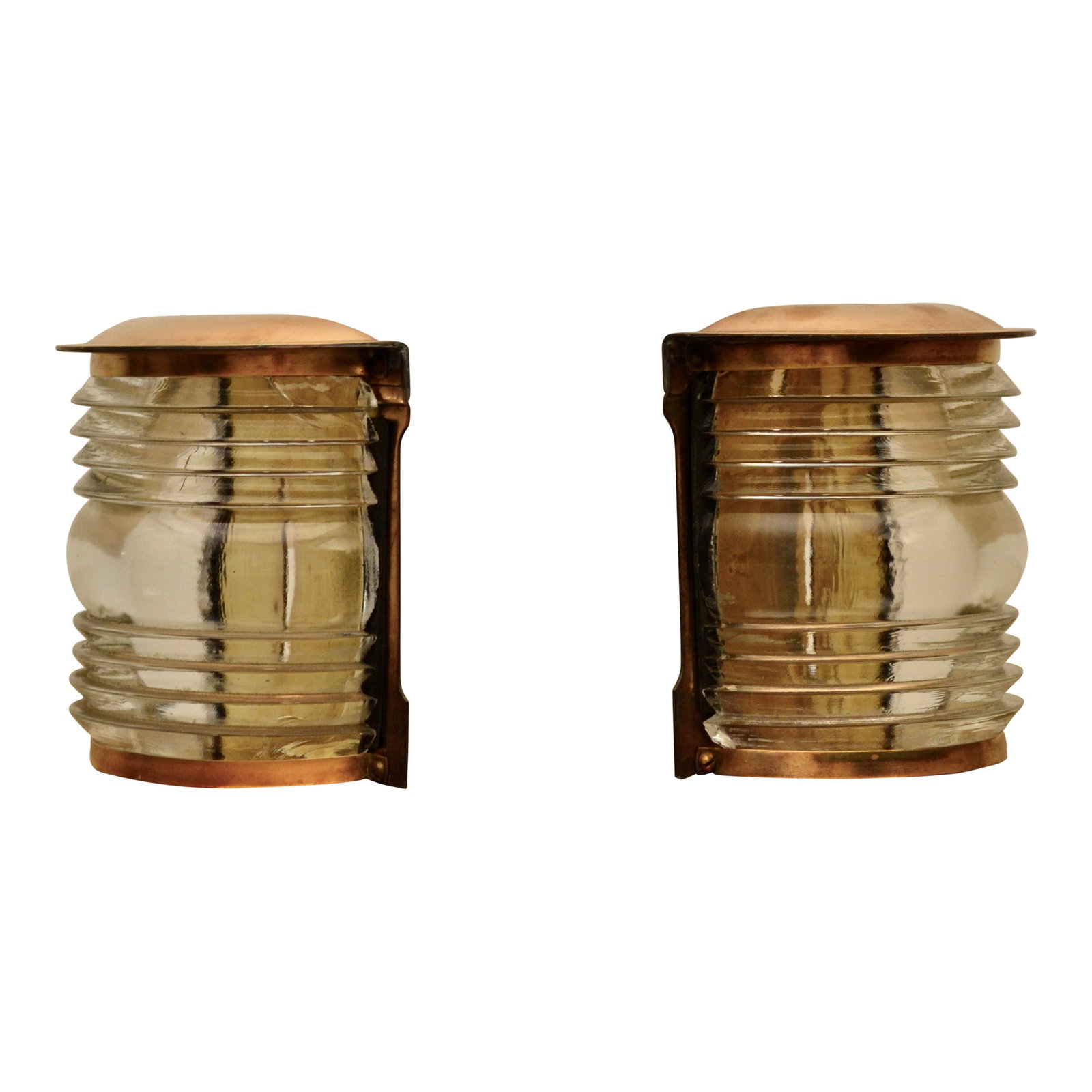 Mid Century Copper and Ribbed Glass Bookends- a Pair: Unique set of copper and ribbed glass bookends. Great desk decor accessory item. 5 3/4" x 10 1/2" (together) x 5 1/2" Condition: Alterations: Original Condition Unaltered Imperfections: Some