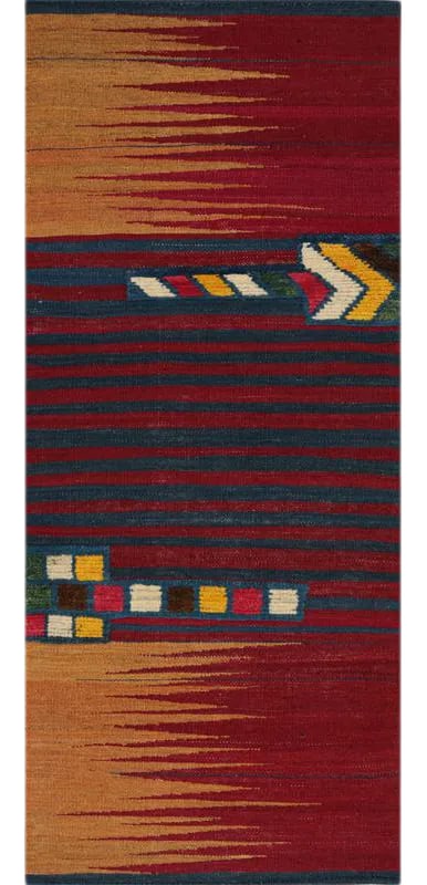 Handwoven Scandinavian Style Persian Kilim Area Rug - 2'1" * 6'5'': This bewitchingly beautiful example of a tribal Kilim area rug features a contemporary pop of electrifying bright colors in a playful mixed-weave design. The creative modern twist of a knotted-pile ac