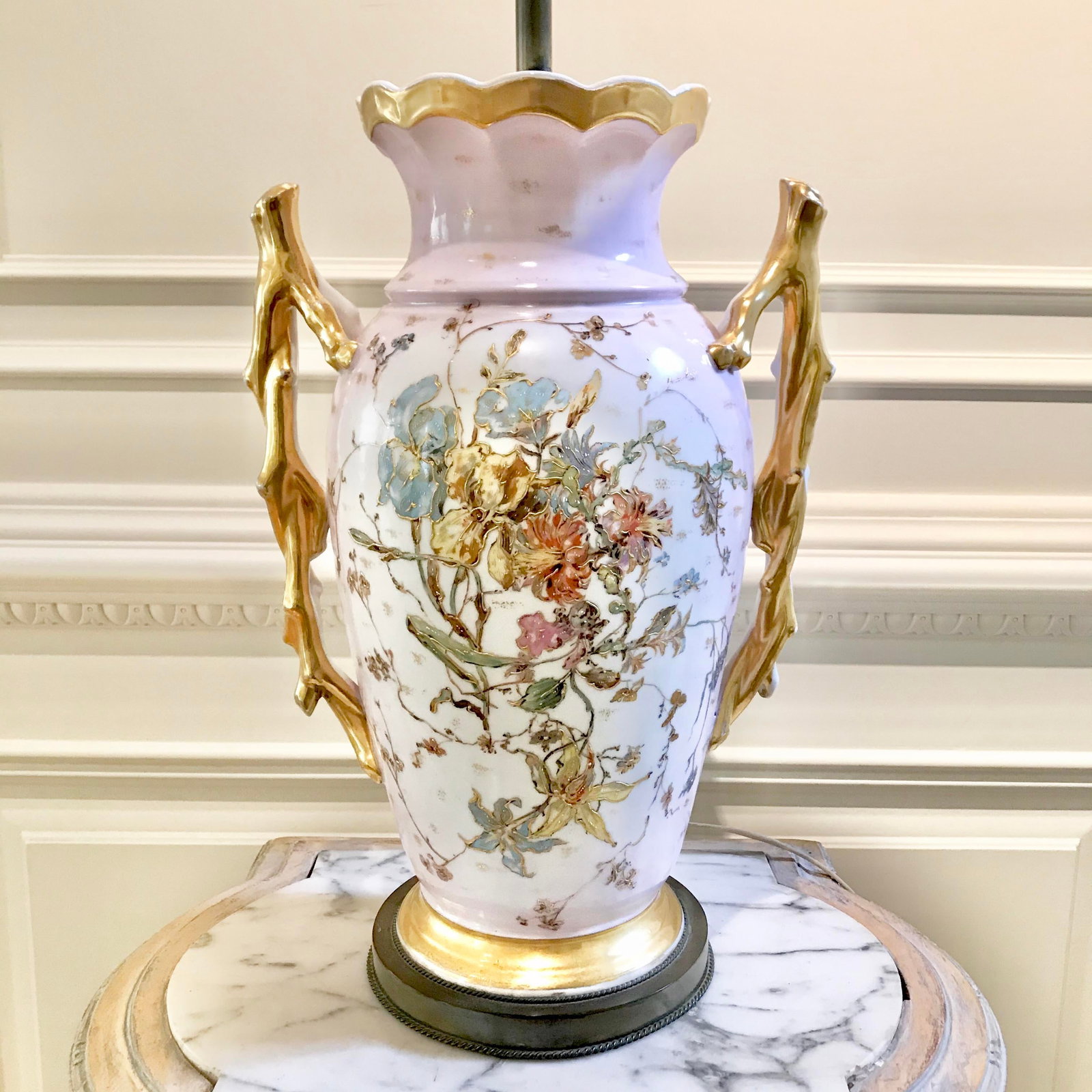 Antique Pink, White, Pastel Colored Urn Form Lamp, With Gold Highlights - 2
