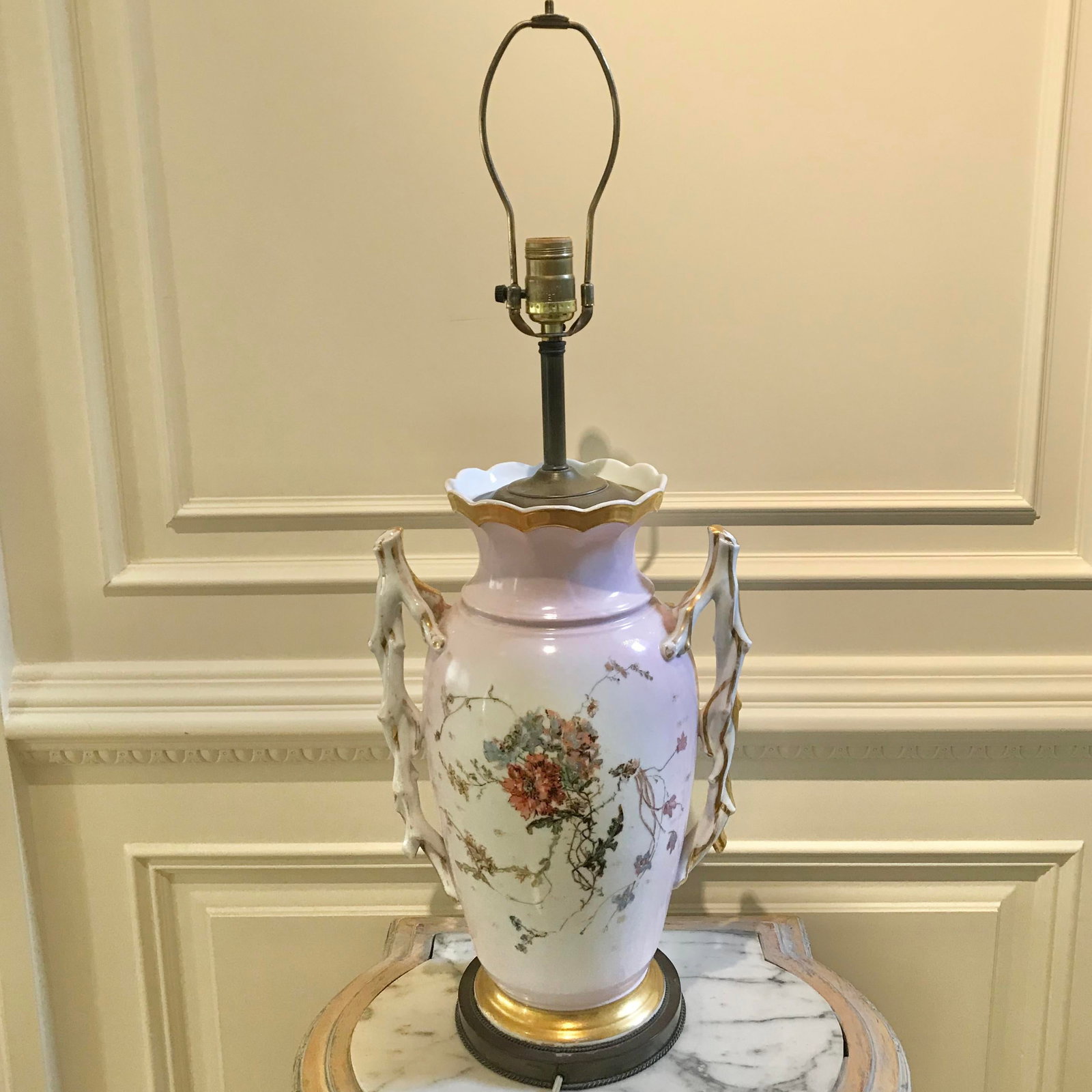 Antique Pink, White, Pastel Colored Urn Form Lamp, With Gold Highlights - 5