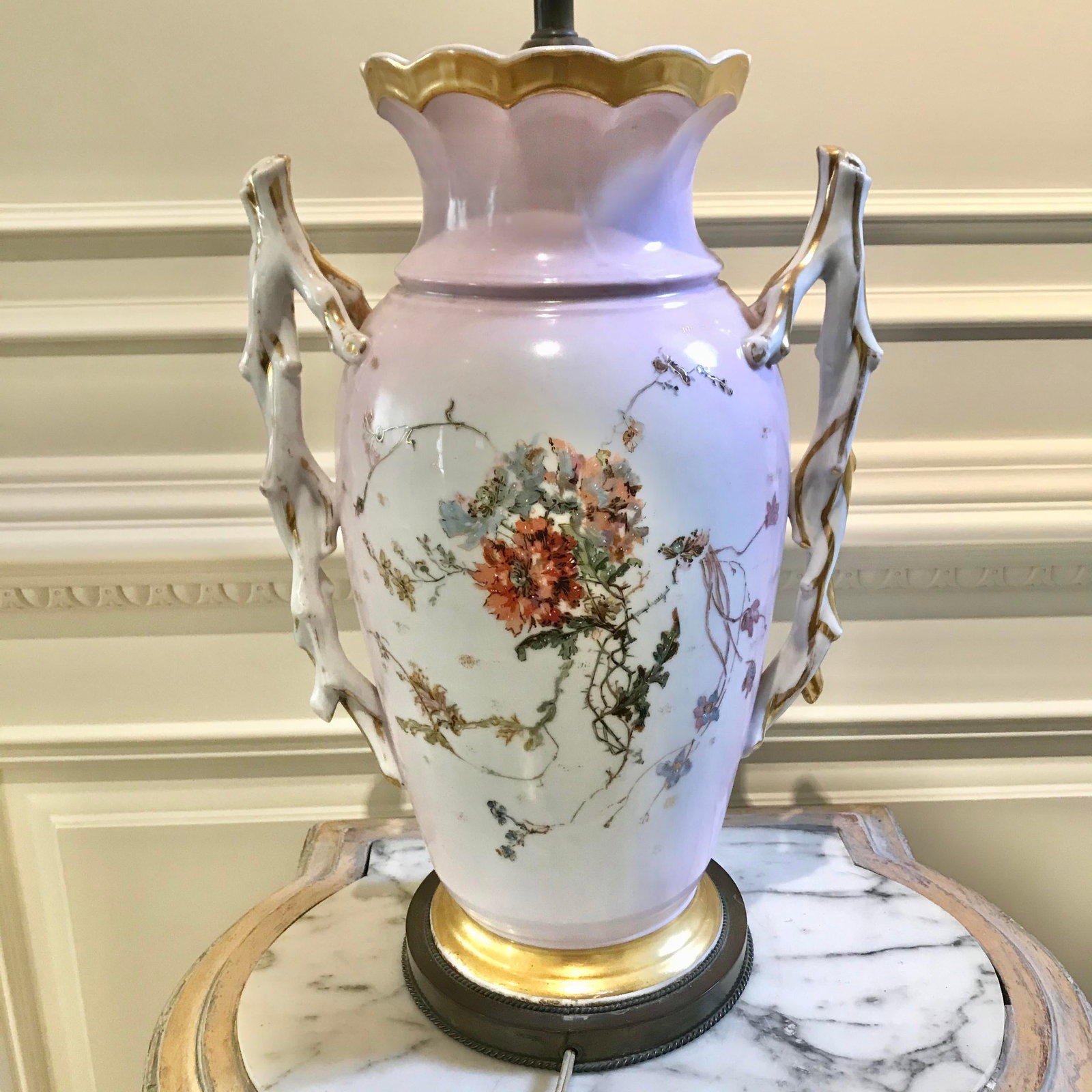 Antique Pink, White, Pastel Colored Urn Form Lamp, With Gold Highlights - 6