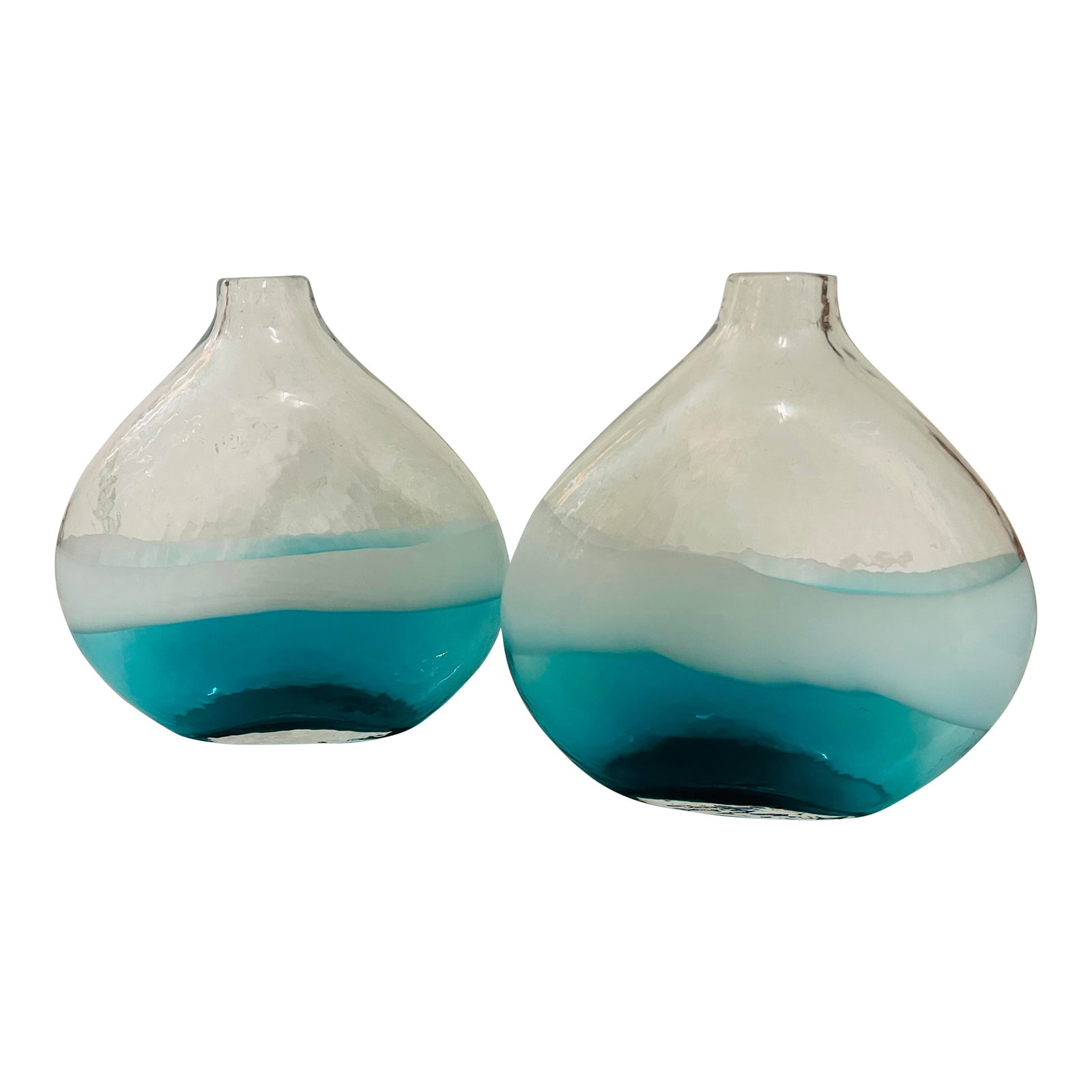 Pair of Vintage Modern Artisan Made Hand Blown Turquoise & White Glass Vases: Beautiful, decorative pair of art glass vases. Featuring clear, white and turquoise colors. Each vase is slightly different yet complimentary. Condition: Alterations: Original Condition Unaltered