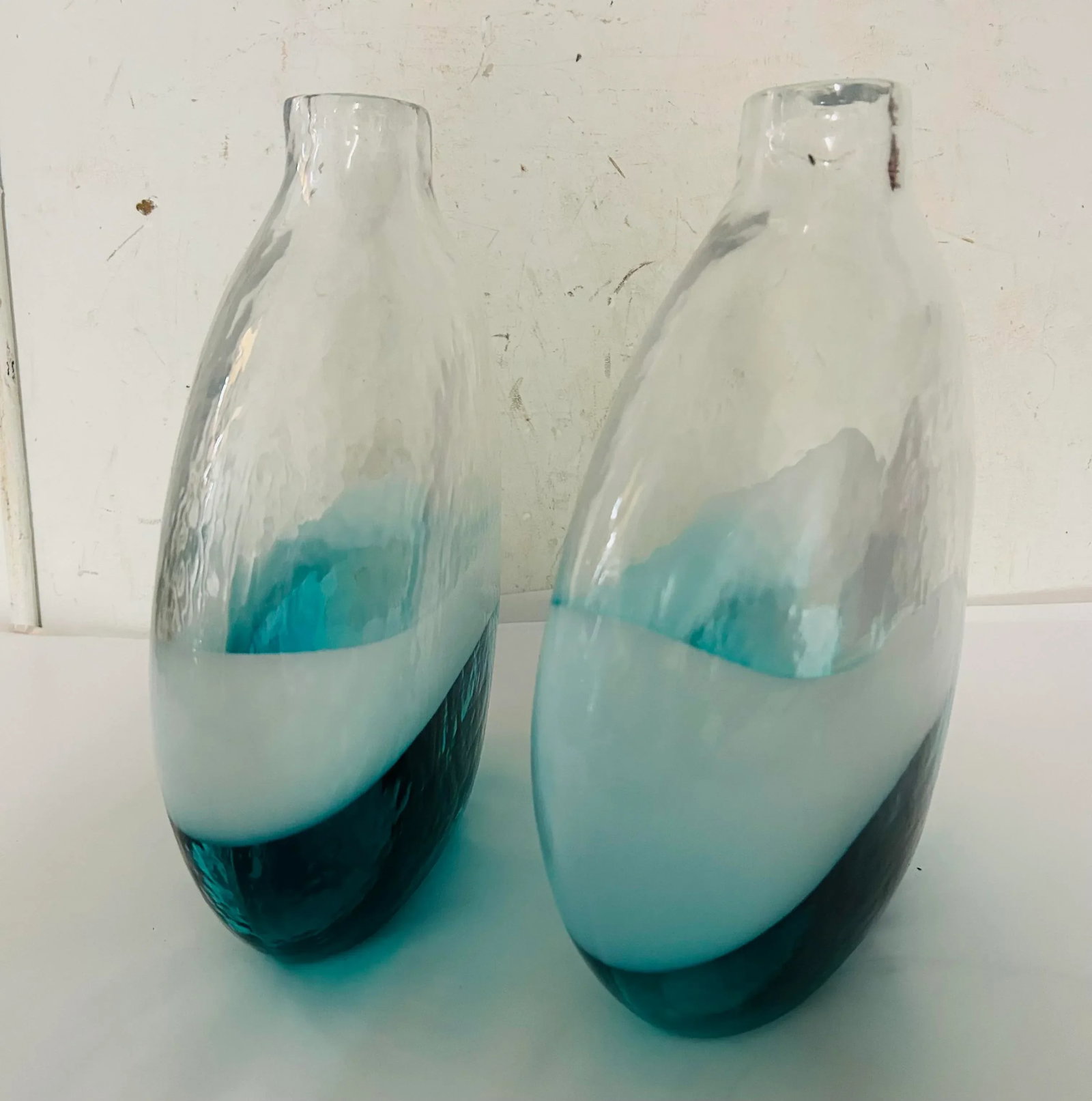 Pair of Vintage Modern Artisan Made Hand Blown Turquoise & White Glass Vases - 2